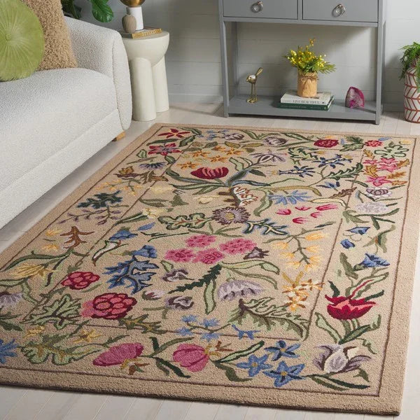 Chelsea Wool Rug in Beige and Pink with Floral Design - The Mayfair Hall