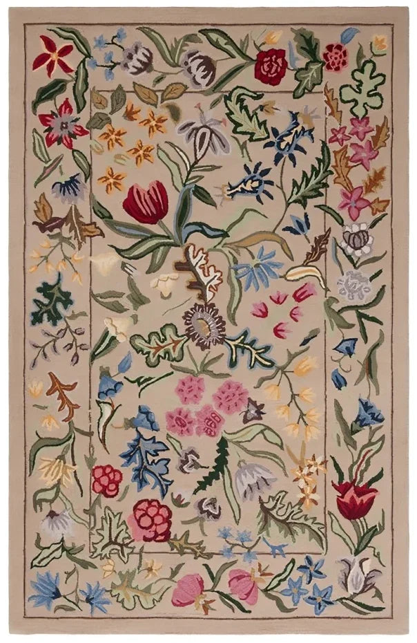 Chelsea Wool Rug in Beige and Pink with Floral Design - The Mayfair Hall