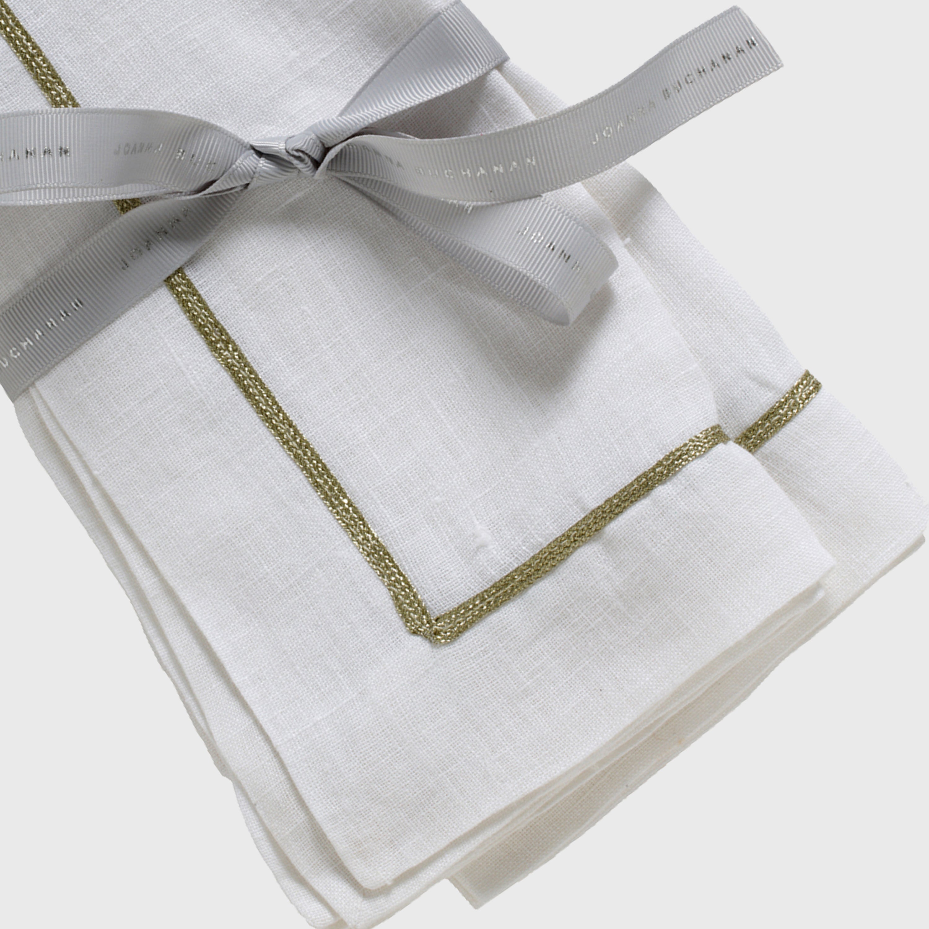 Gold Trim White Linen Dinner Napkins (Set of 2)