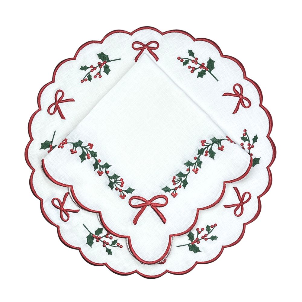 Holly & Bows Green and Red Embroidered Linen Placemat (Set of 4)
