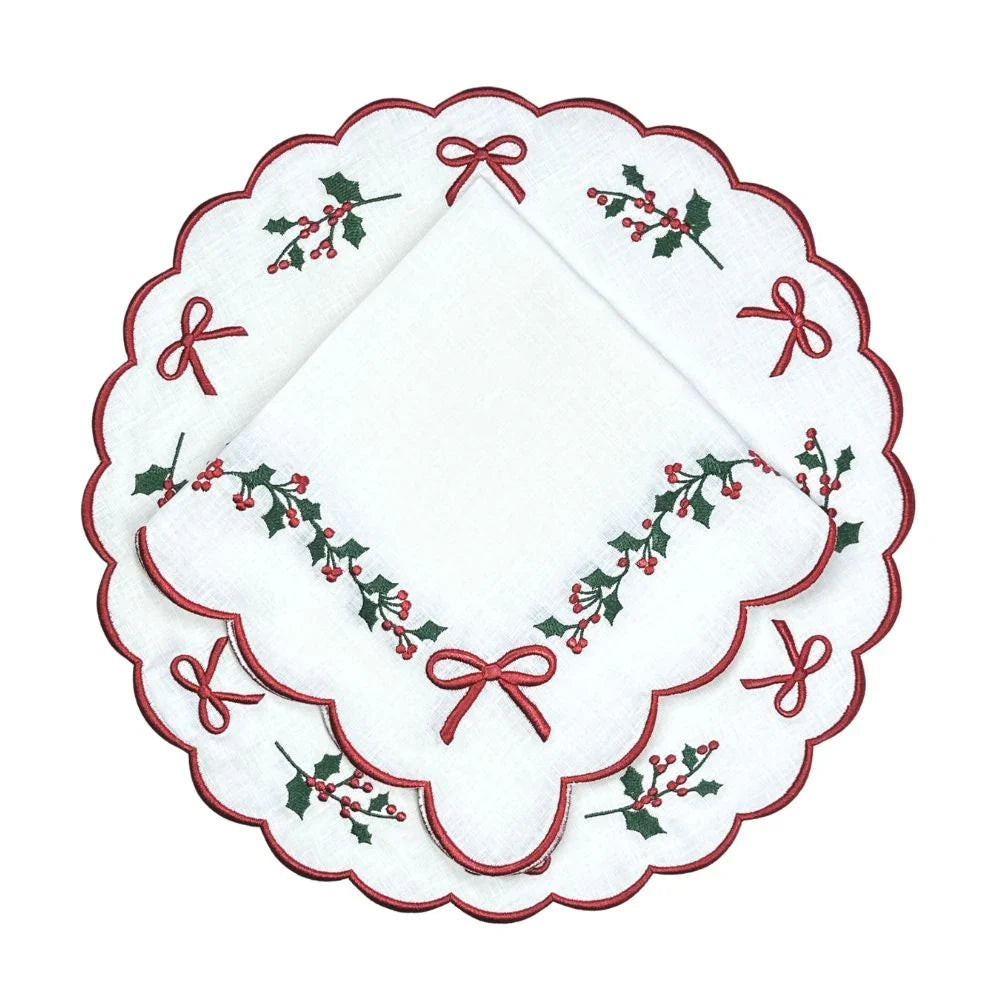 Holly & Bows Green and Red Embroidered Linen Placemat (Set of 4)