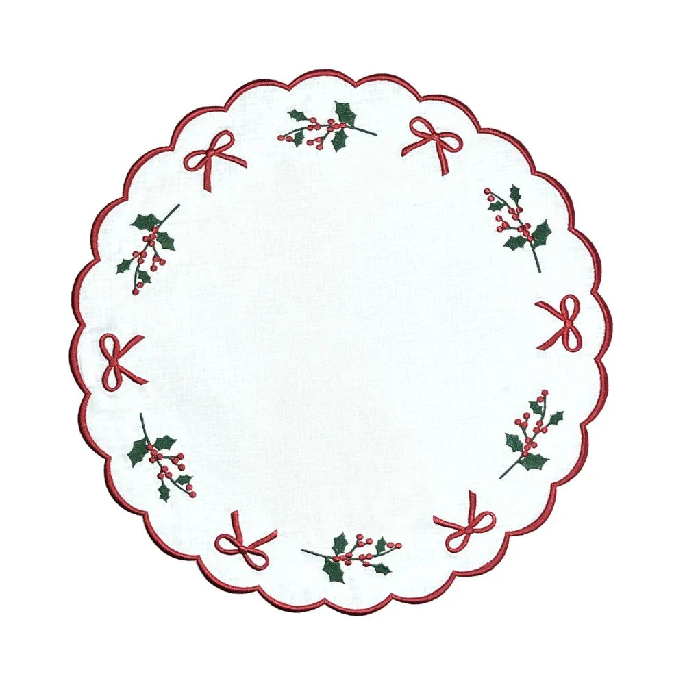 Holly & Bows Green and Red Embroidered Linen Placemat (Set of 4)