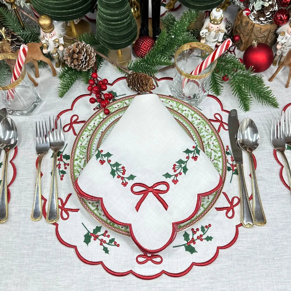 Holly & Bows Green and Red Embroidered Linen Placemat (Set of 4)