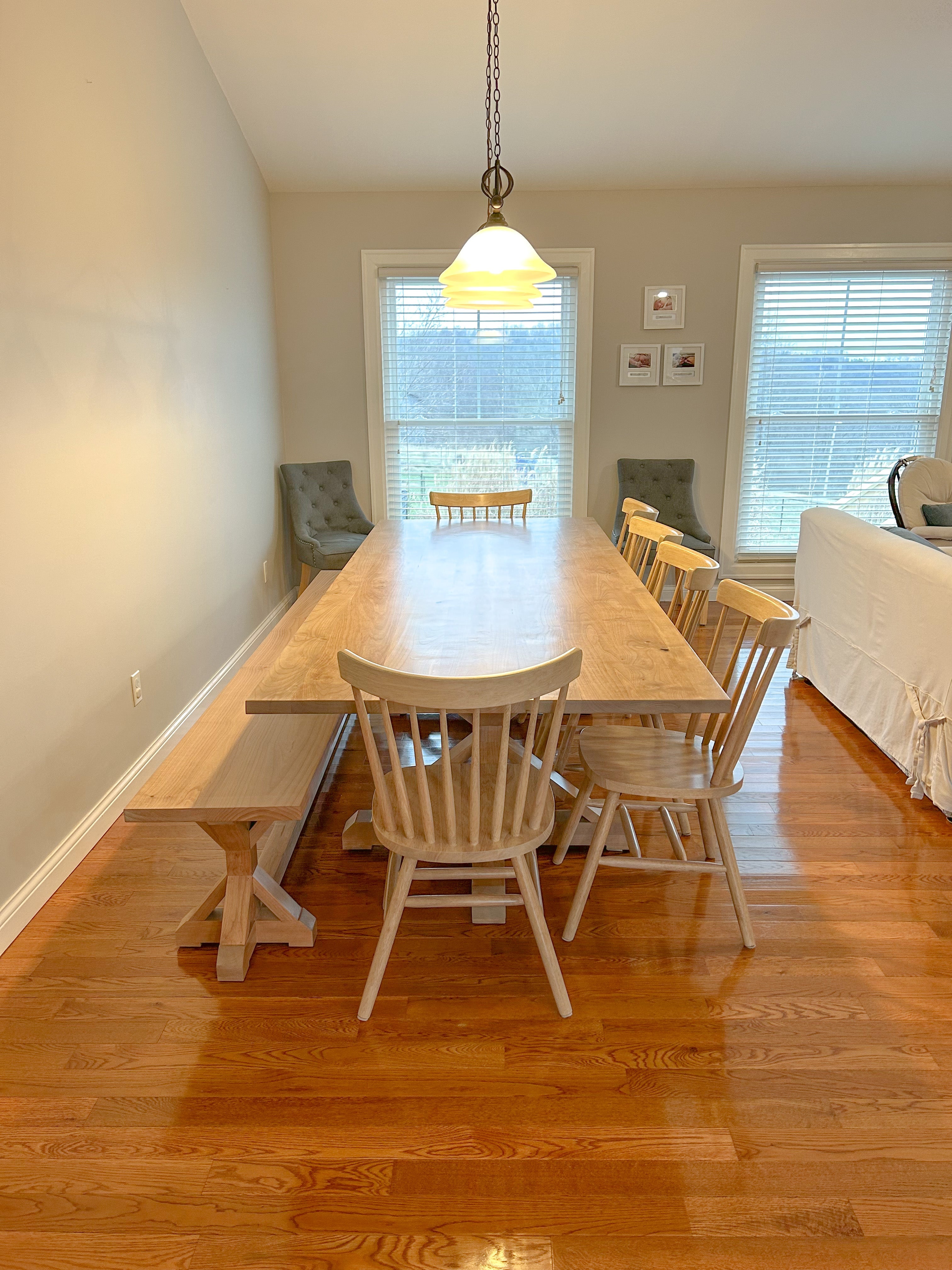 8' L x 42" Rustic Alder Harrison Trestle Table with Matching Bench and 6 Lexington Dining Chairs
