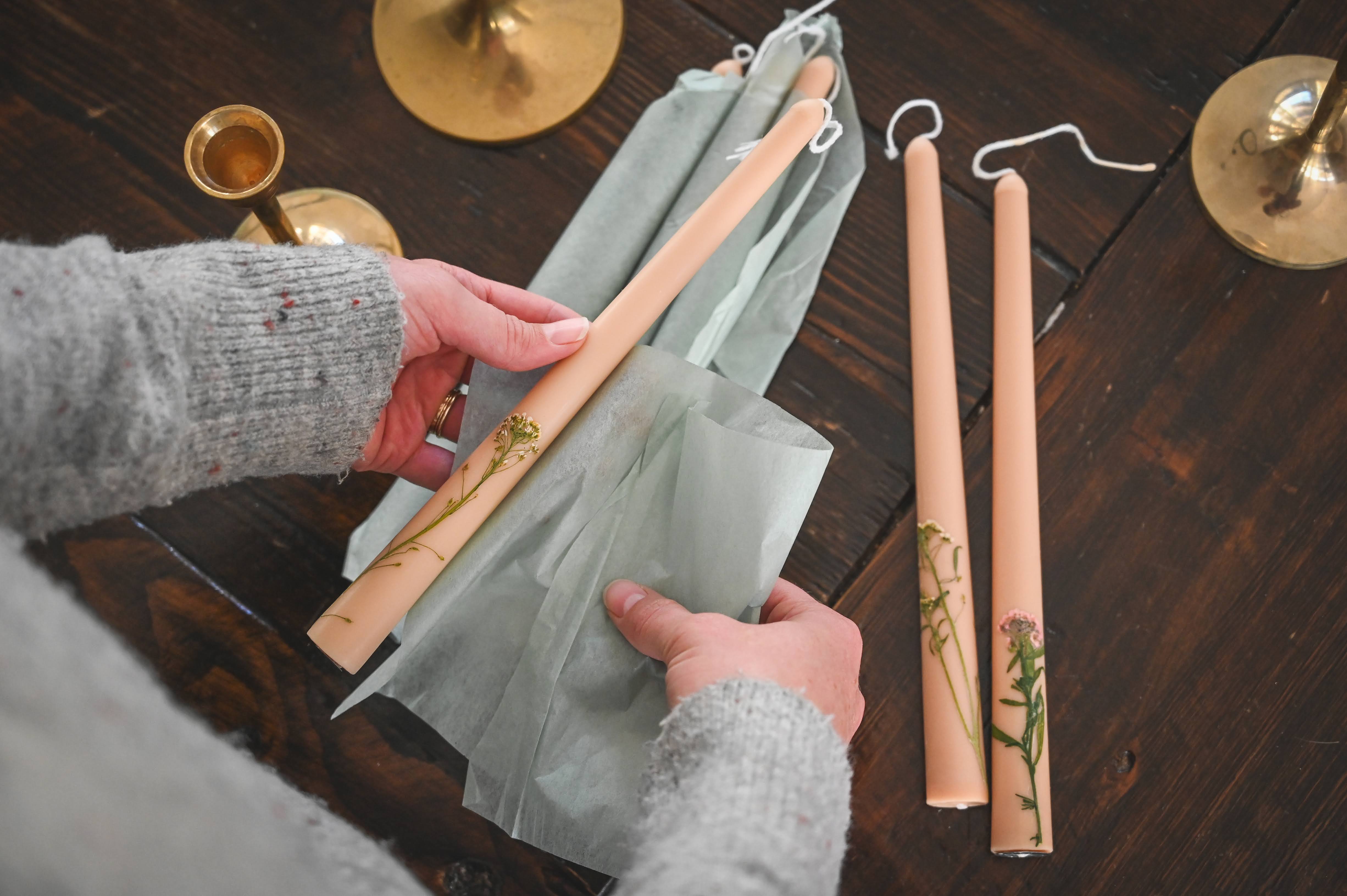 Floral Inlaid Tapered Candle in Cream - Set of 3