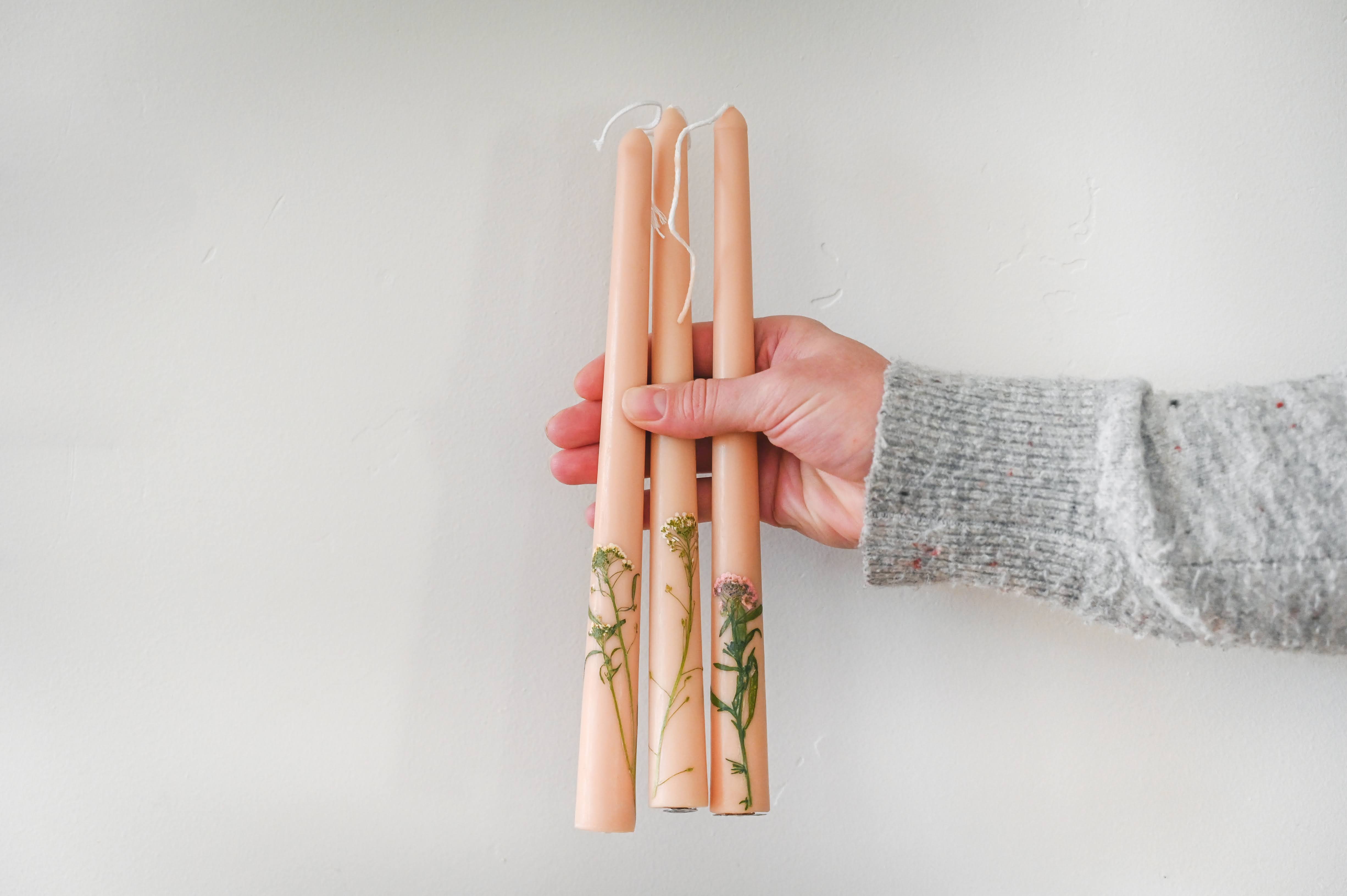 Floral Inlaid Tapered Candle in Cream - Set of 3