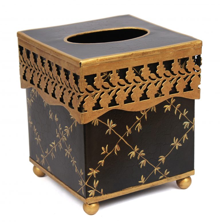 Black Pierced Gold Leaf Wastepaper Basket & Tissue (3 Options)