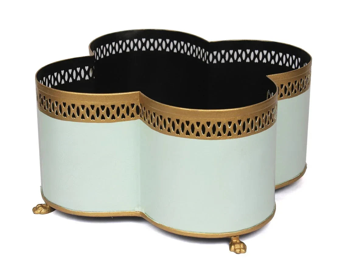Pale Green & Gold Pierced Boarder Quatrefoil Planter - The Mayfair Hall