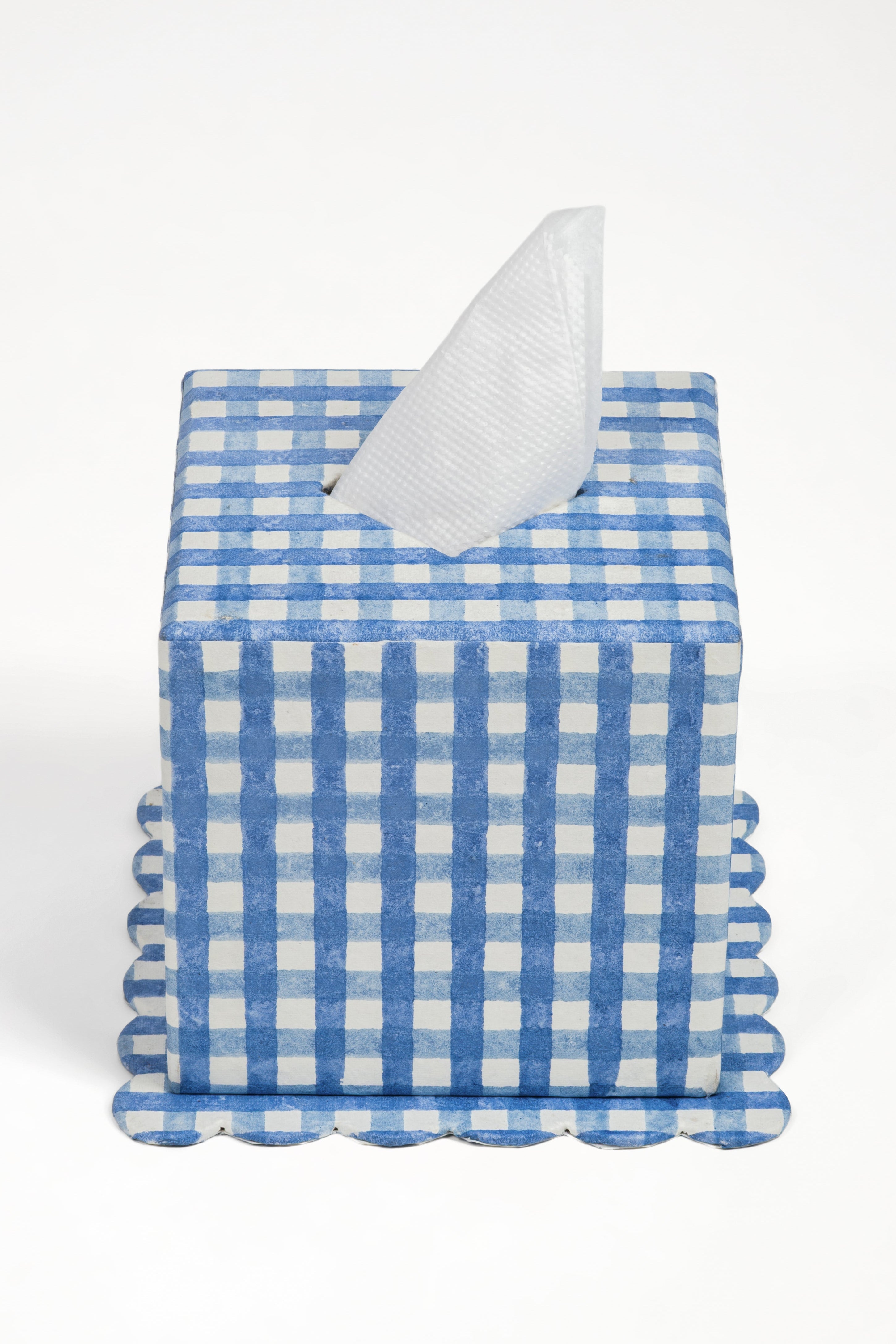 Blockprint Tissue Box Cover in Blue Gingham