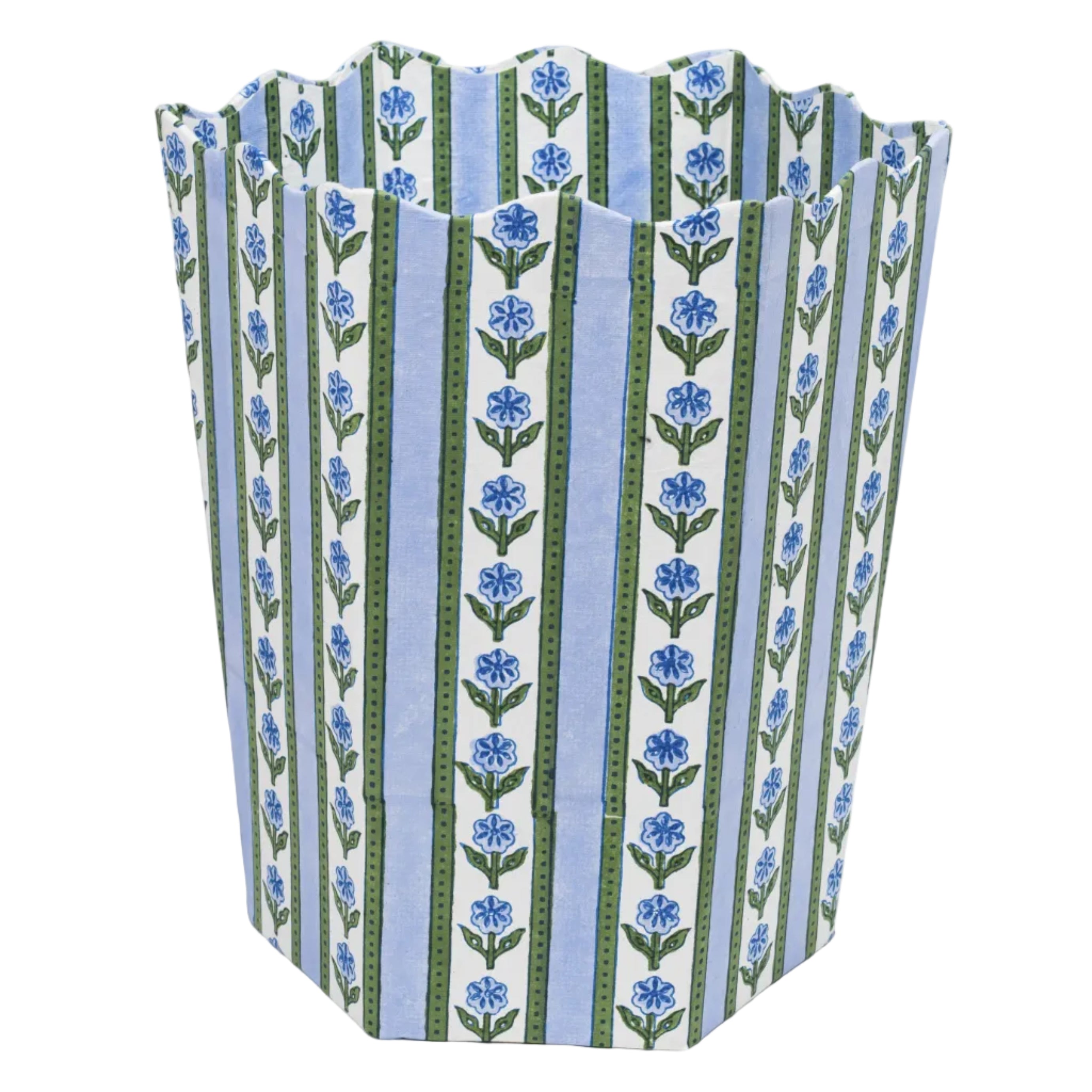 Cottage Garden Blockprint Scallop Waste Bin / Storage Bin in Blue