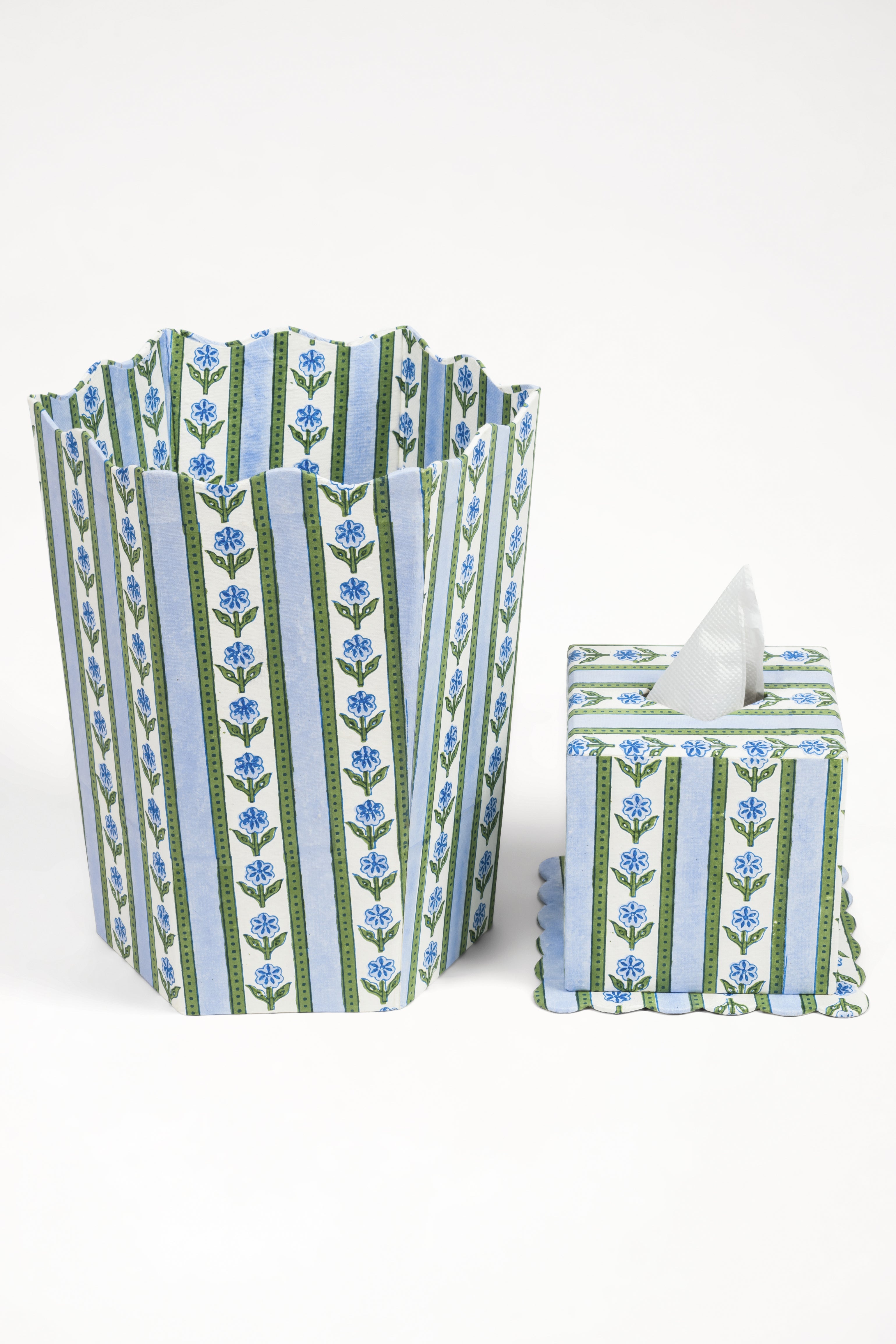 Cottage Garden Blockprint Scallop Waste Bin / Storage Bin in Blue