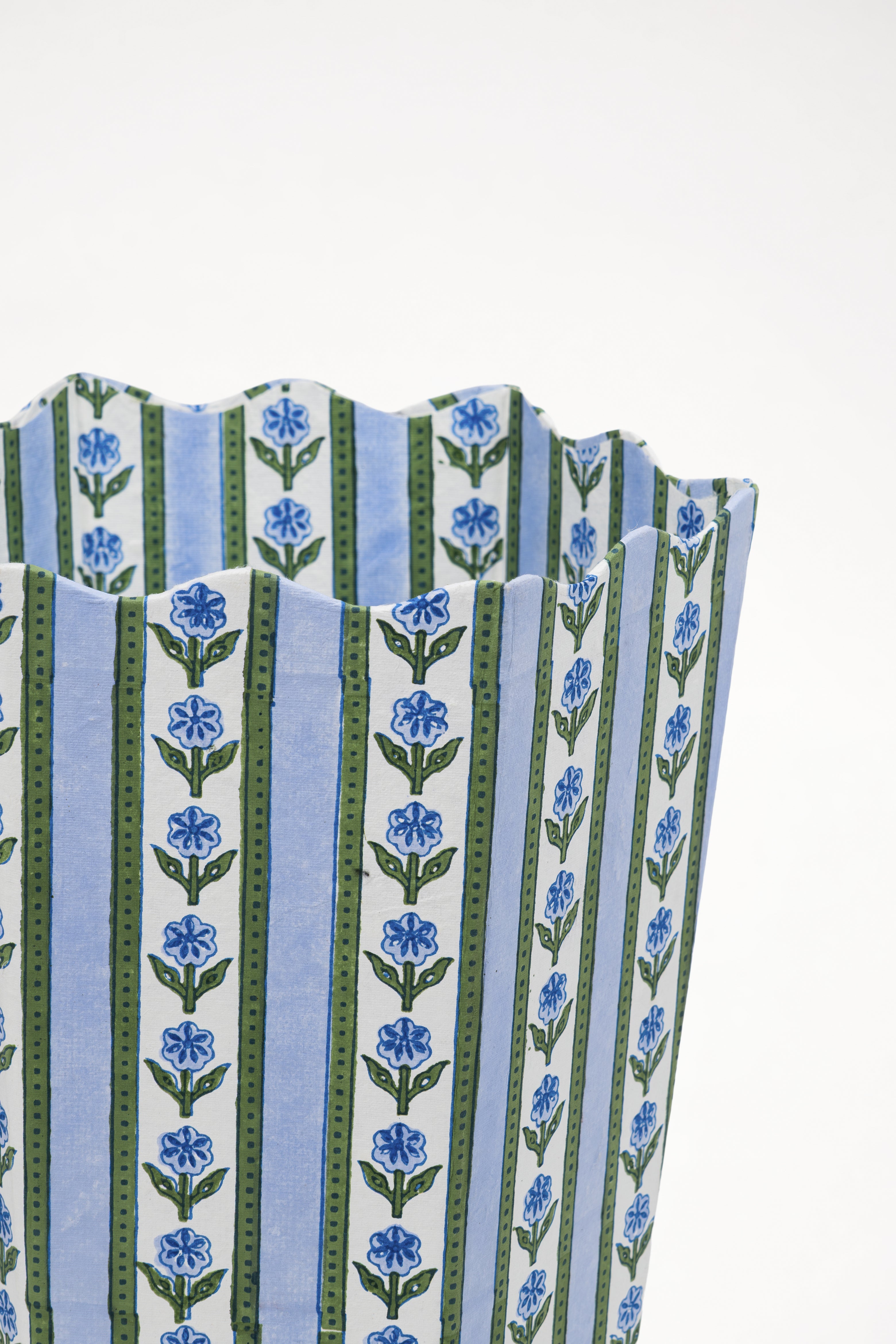 Cottage Garden Blockprint Scallop Waste Bin / Storage Bin in Blue