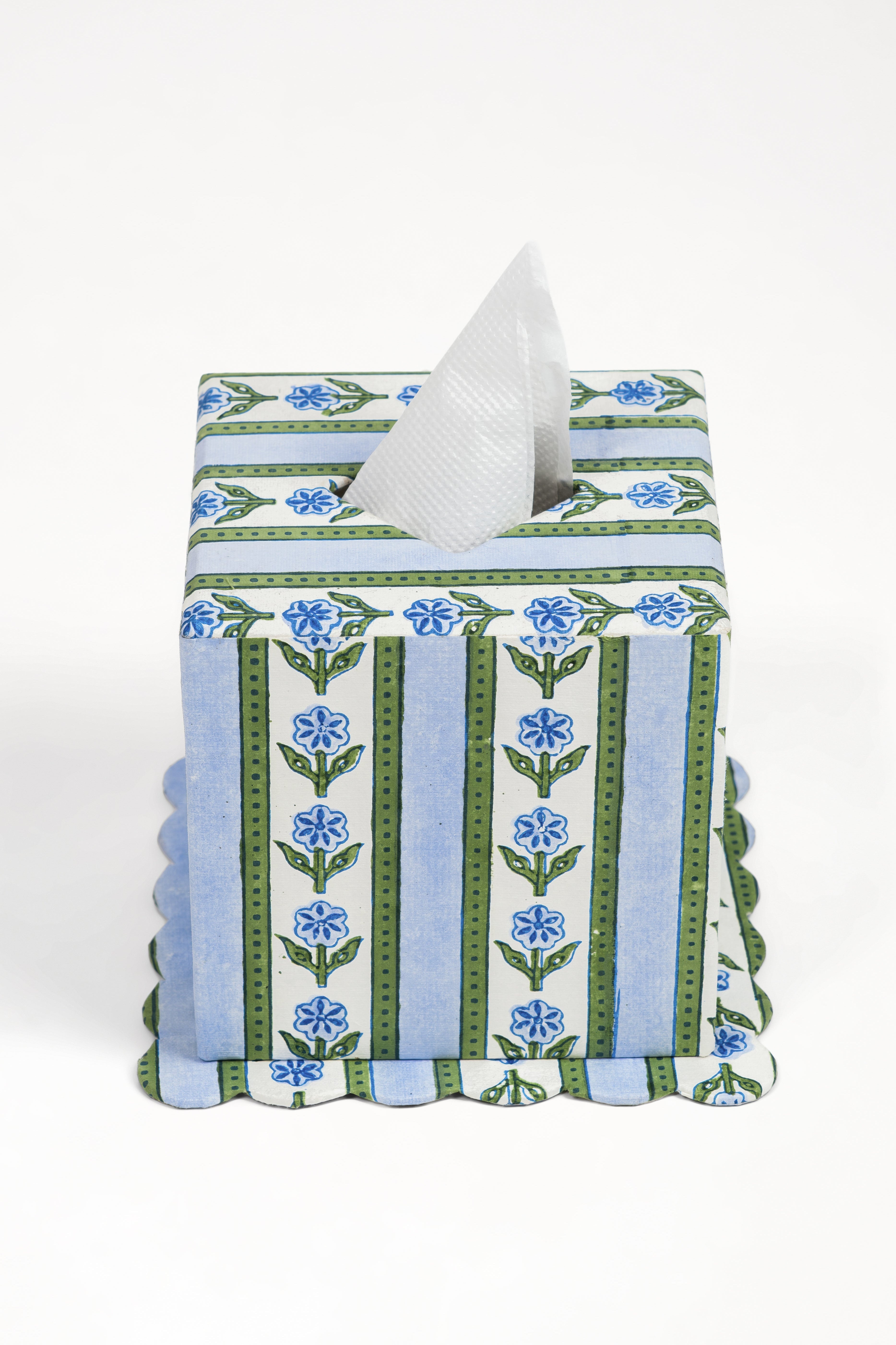 Cottage Garden Blockprint Scallop Tissue Box Cover in Blue