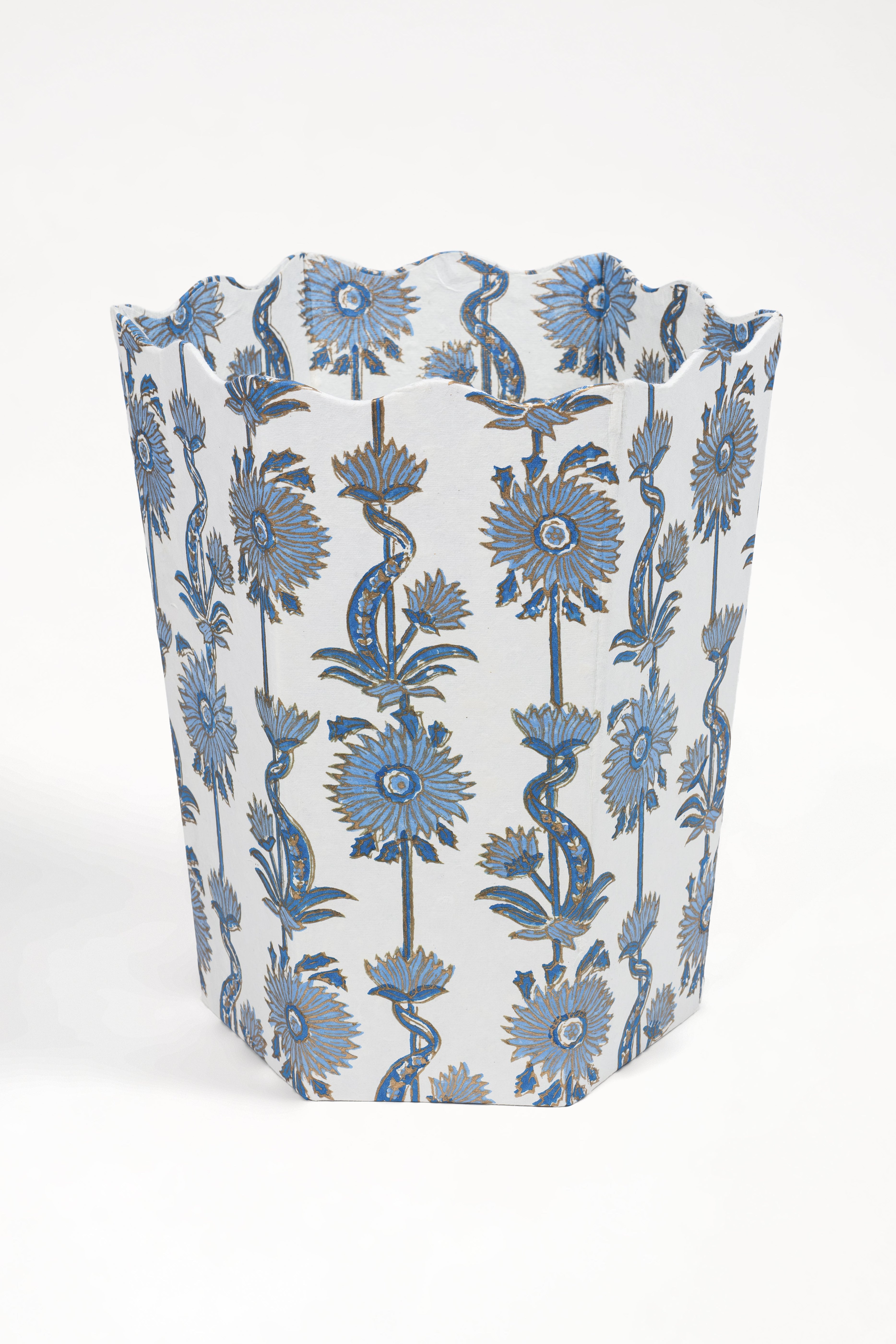 Floral Vines Blockprint Scallop Waste Bin / Storage Bin in Blue