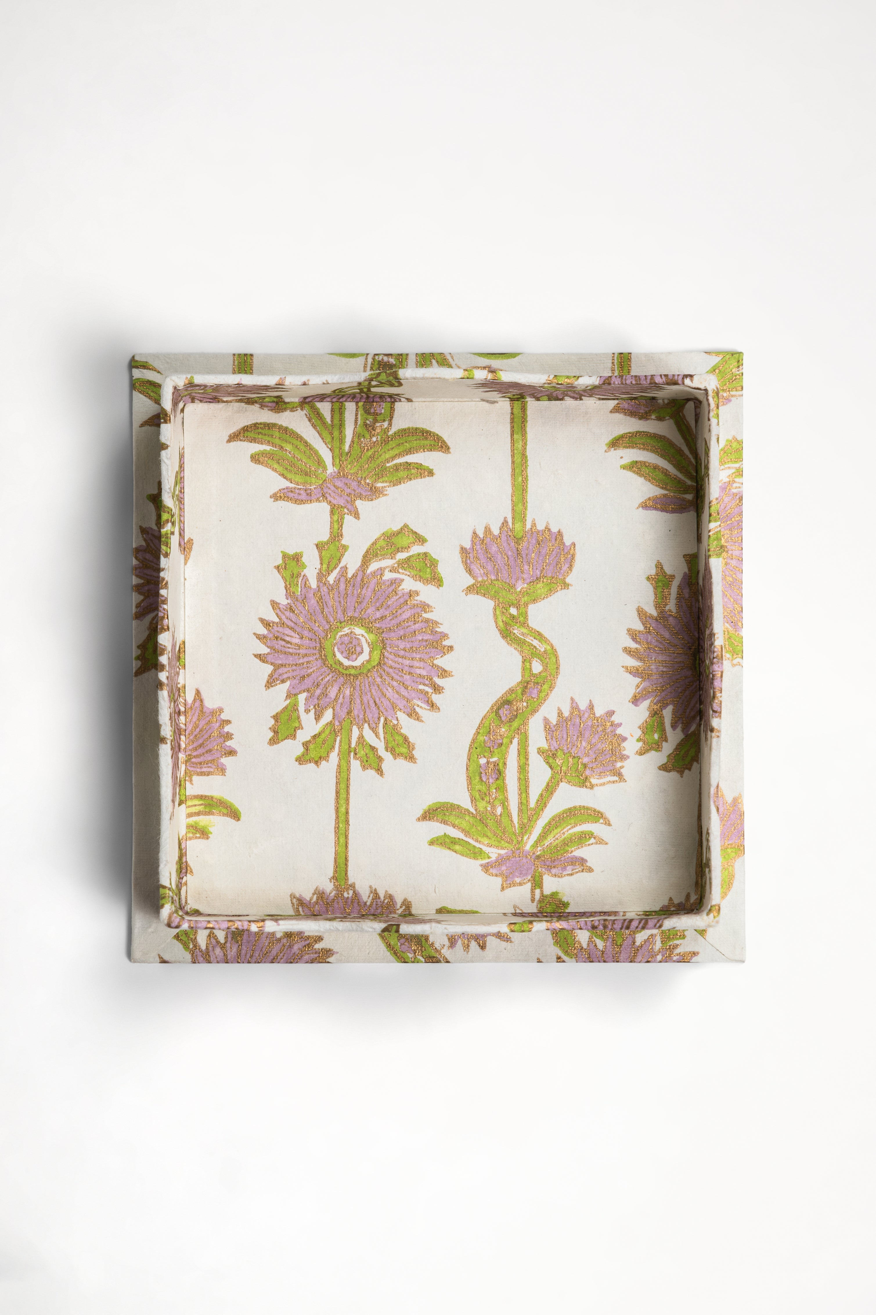 Nesting Scalloped Floral Vines Blockprint Trays in Lilac Purple