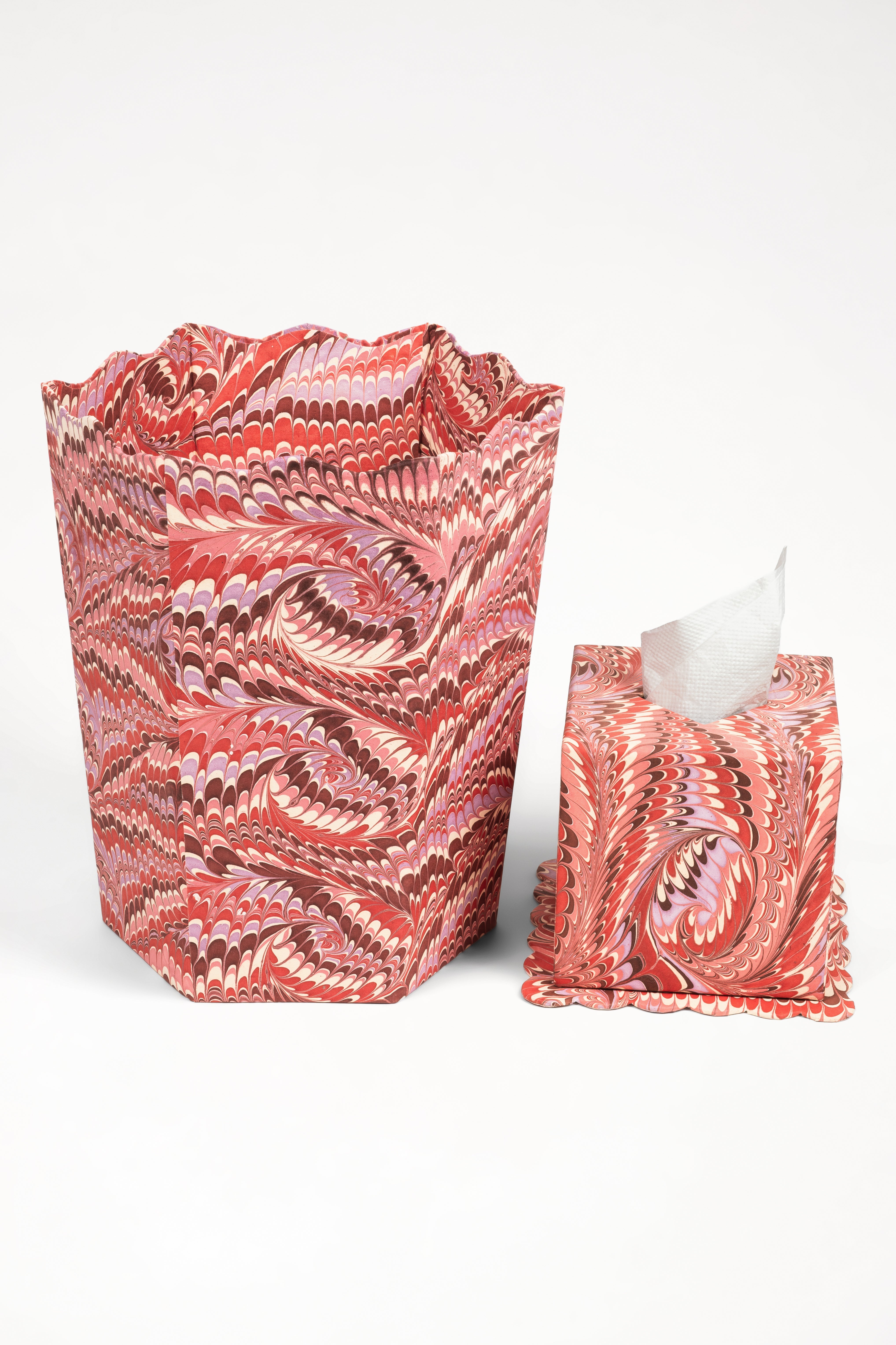 Hand-Marbled Scallop Waste Bin / Storage Bin in Florentine Pink