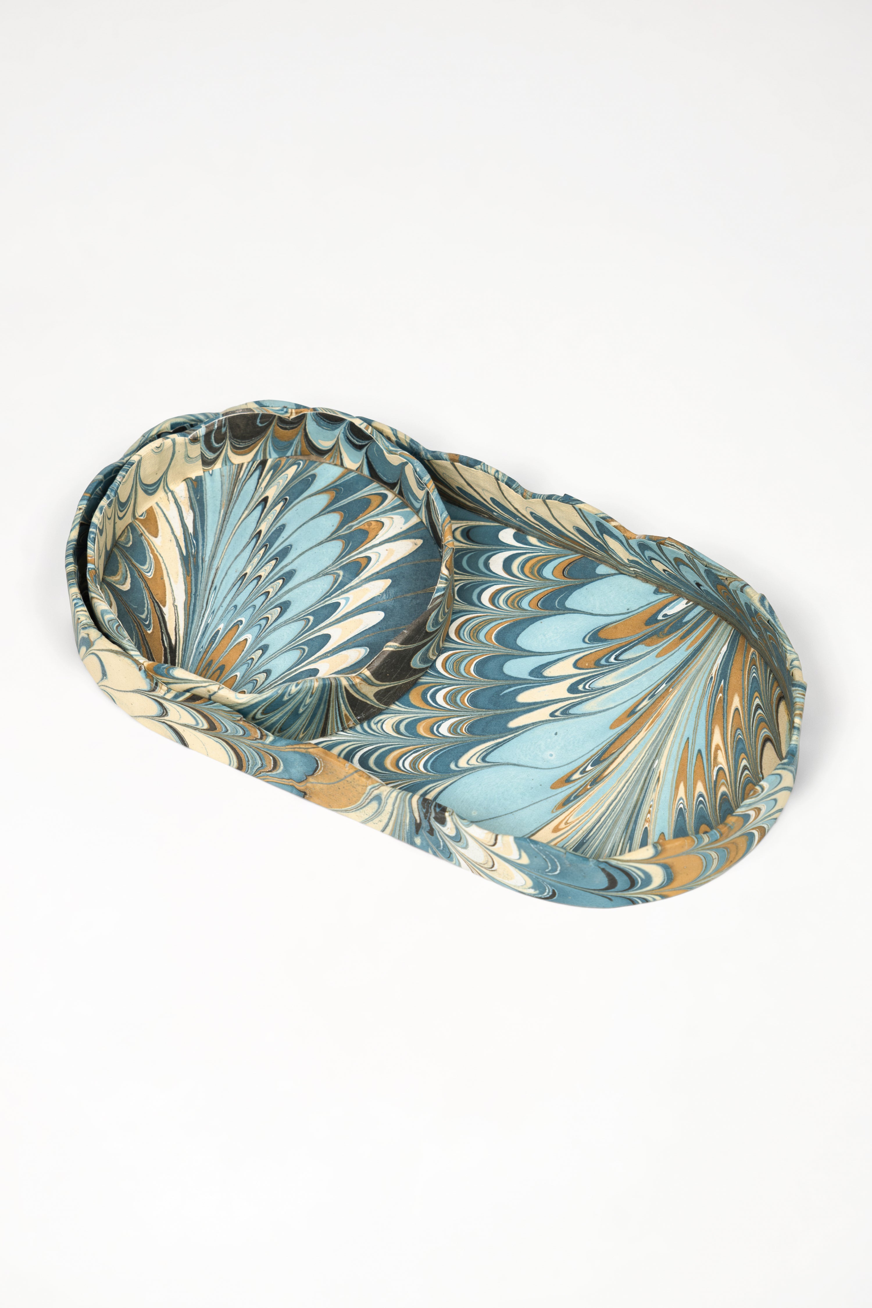 Nesting Scalloped Hand-Marbled Oval Desk Tray Set in Nila Feathers