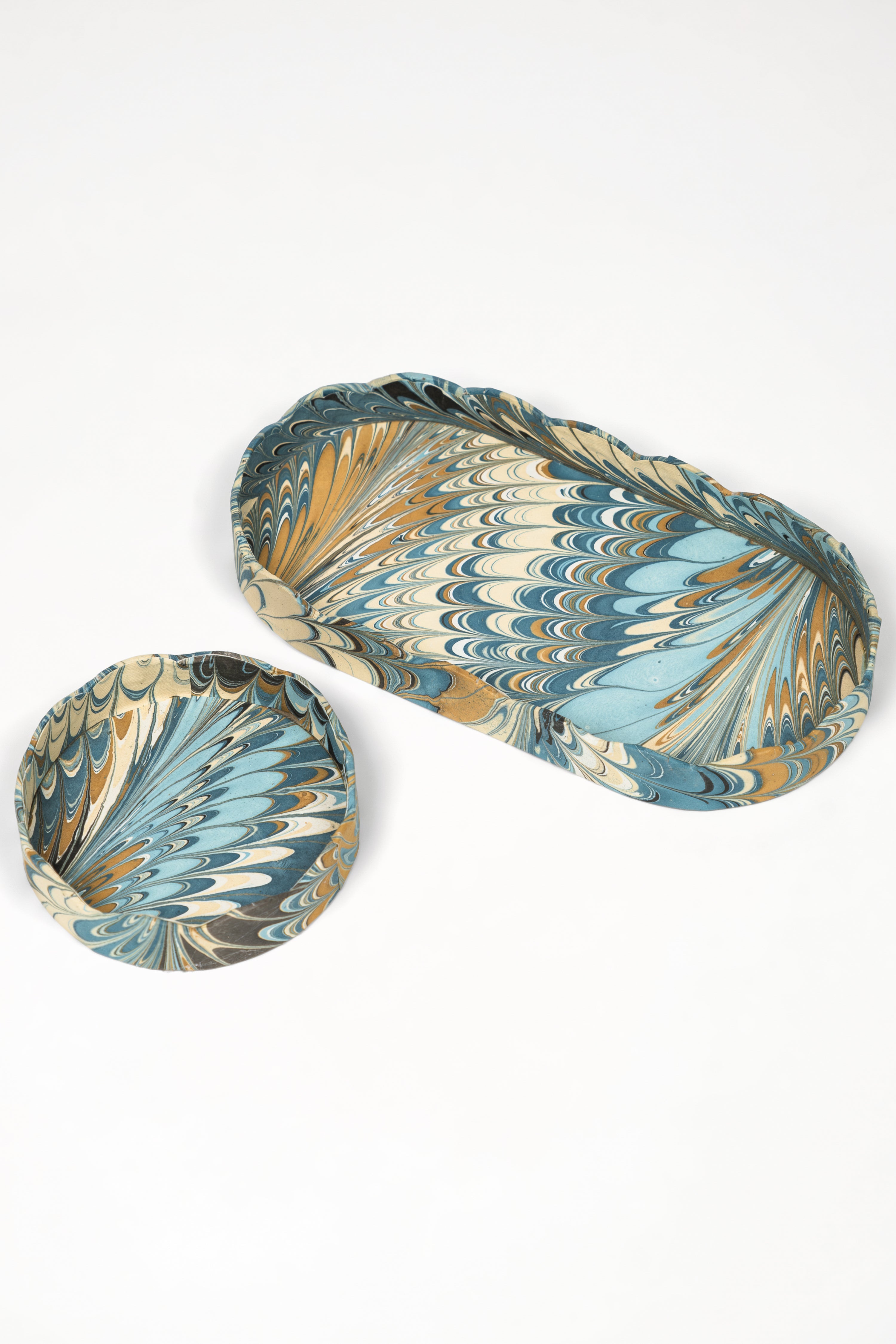 Nesting Scalloped Hand-Marbled Oval Desk Tray Set in Nila Feathers