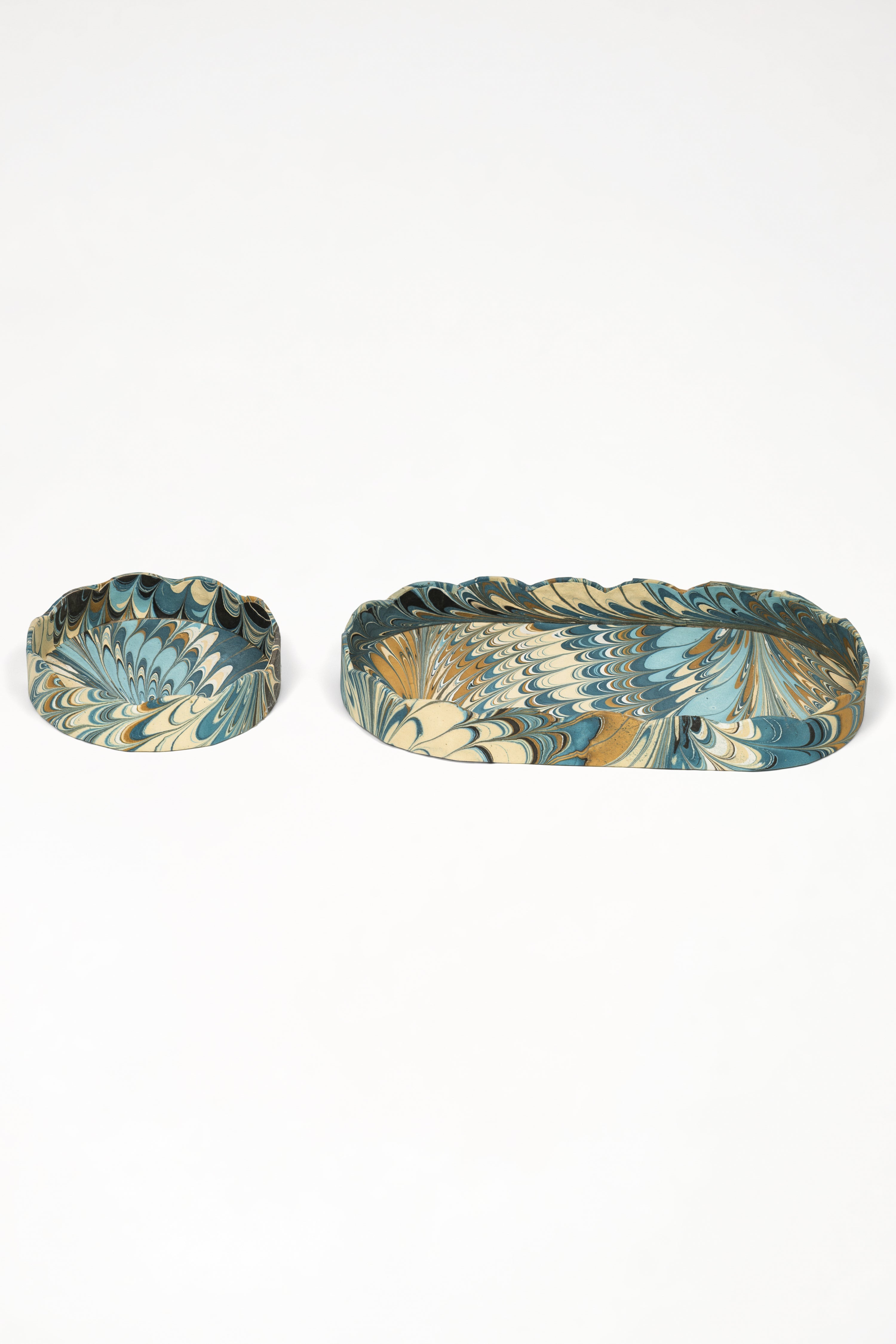 Nesting Scalloped Hand-Marbled Oval Desk Tray Set in Nila Feathers