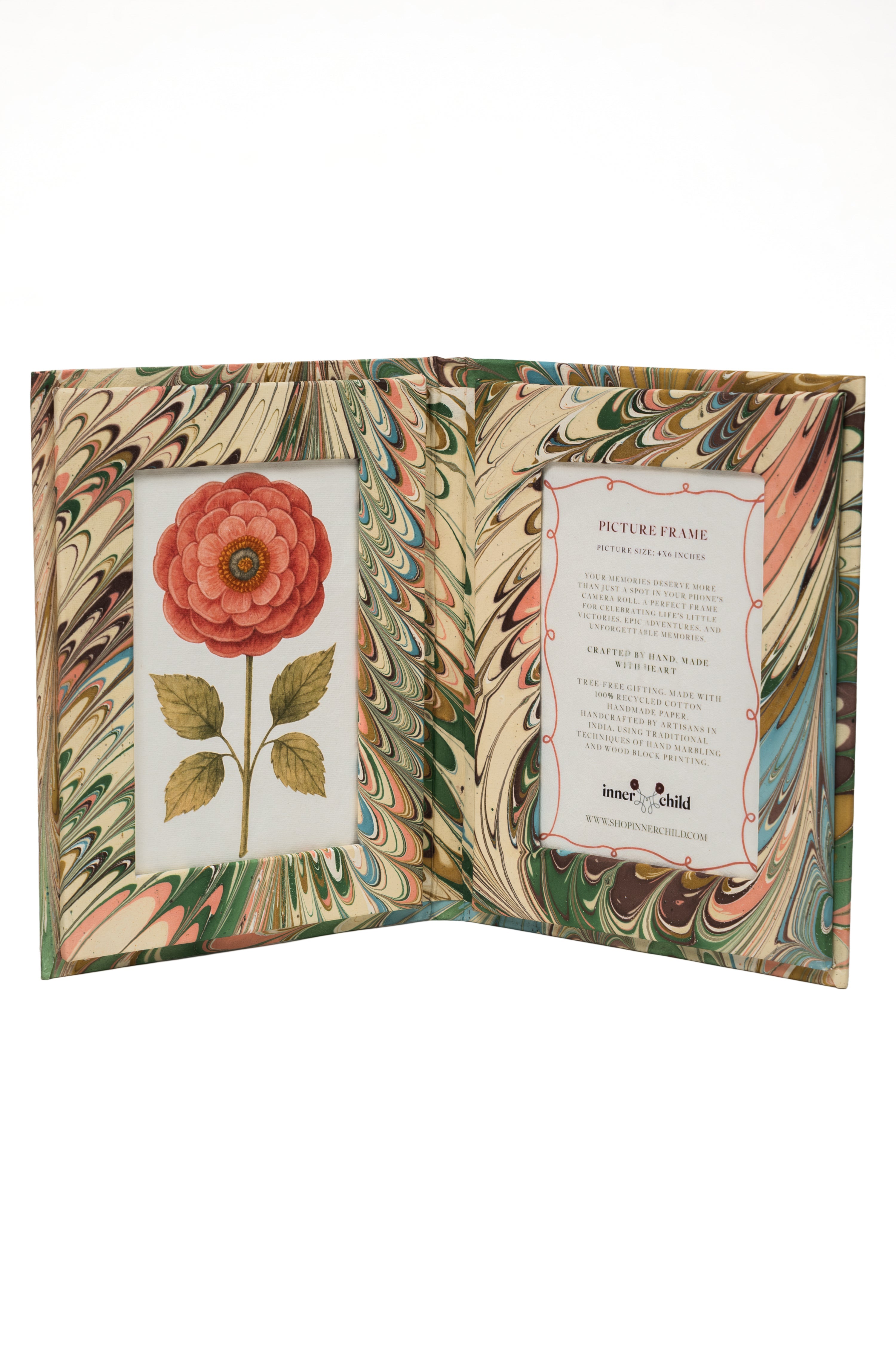 Hand-Marbled Picture Frame Folding Book, 4x6 in Flatiron Feathers