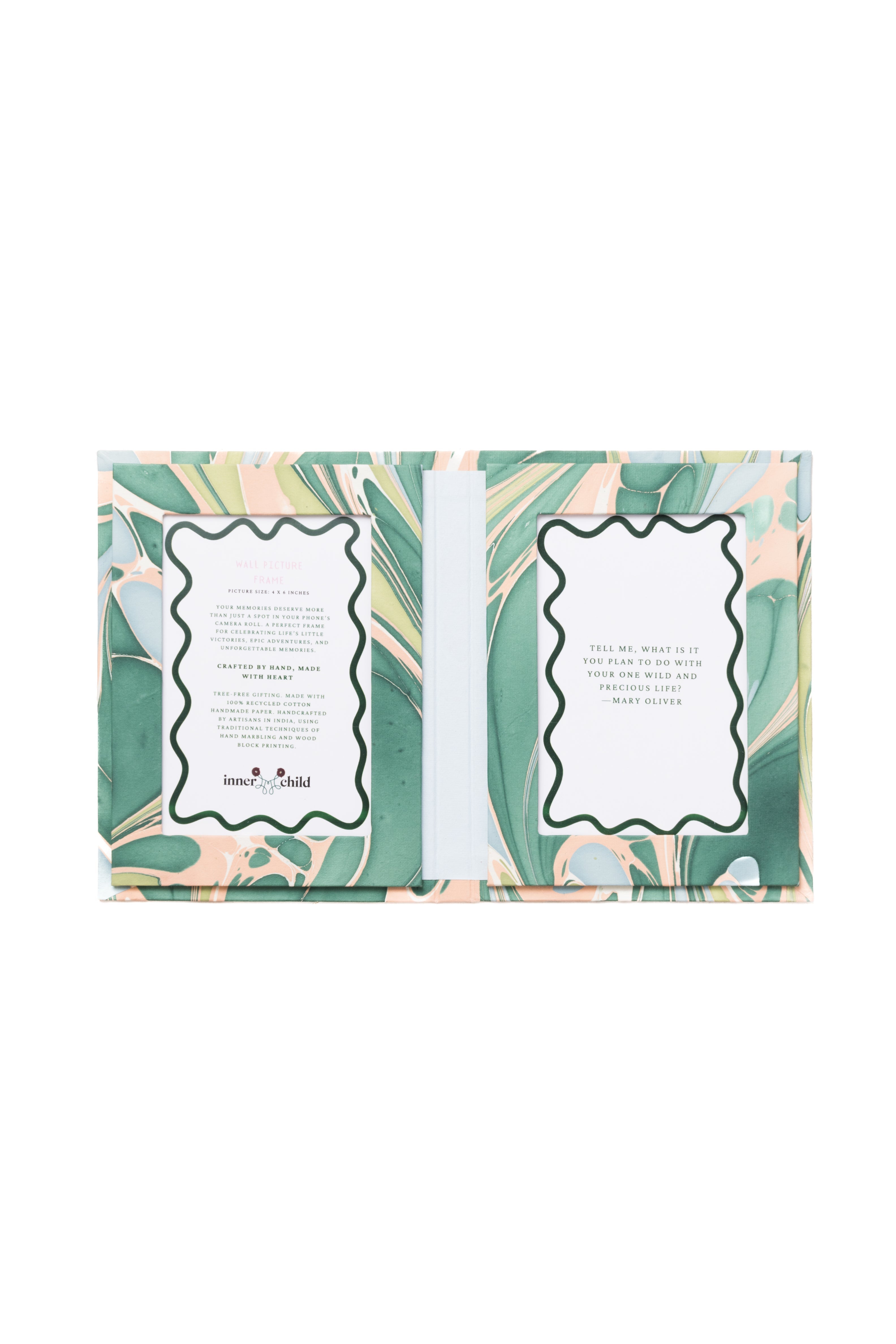 Hand Marbled Picture Frame Folding Book, 4x6 in Green and Pink
