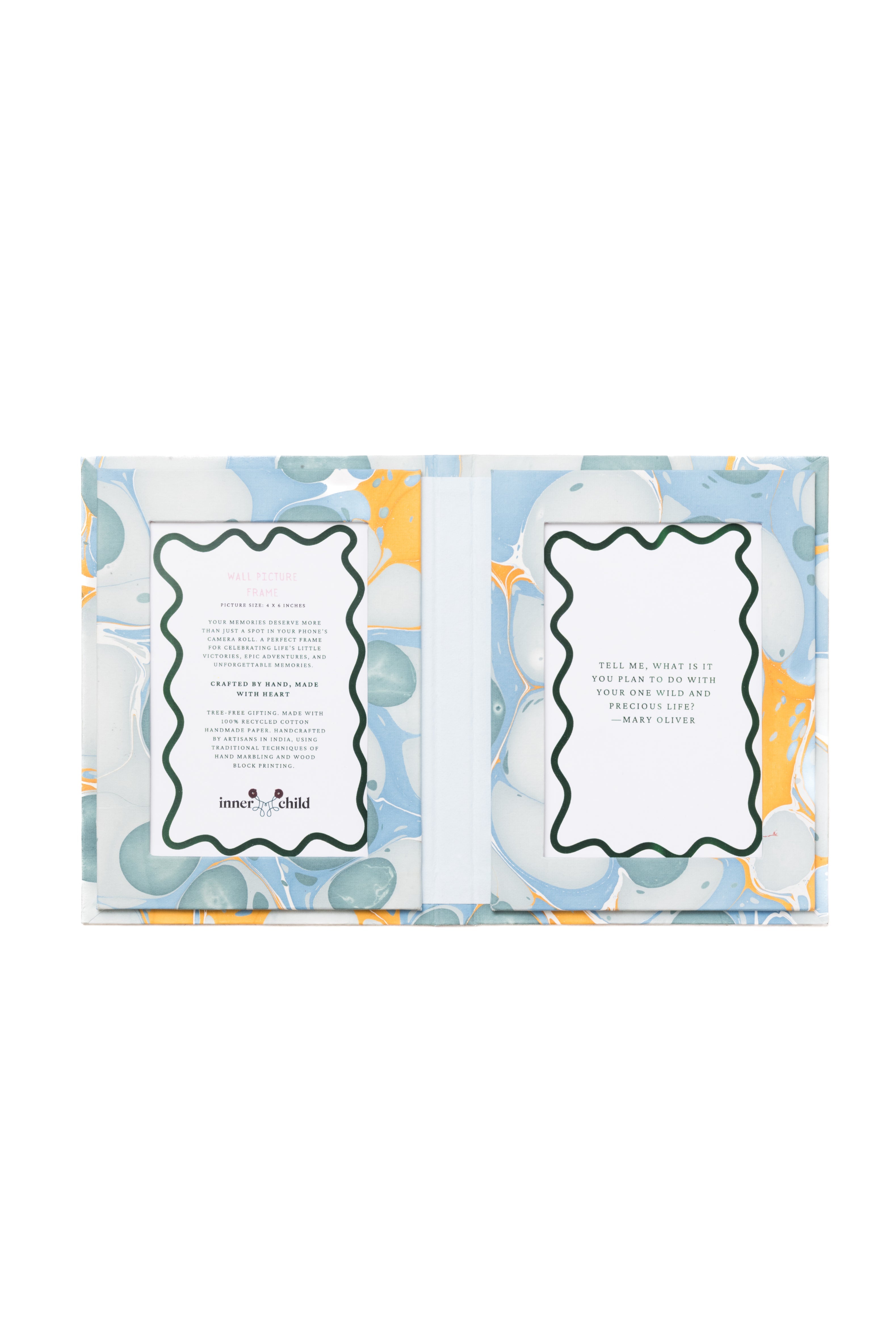 Hand Marbled Picture Frame Folding Book, 4x6 in Grey and Blue
