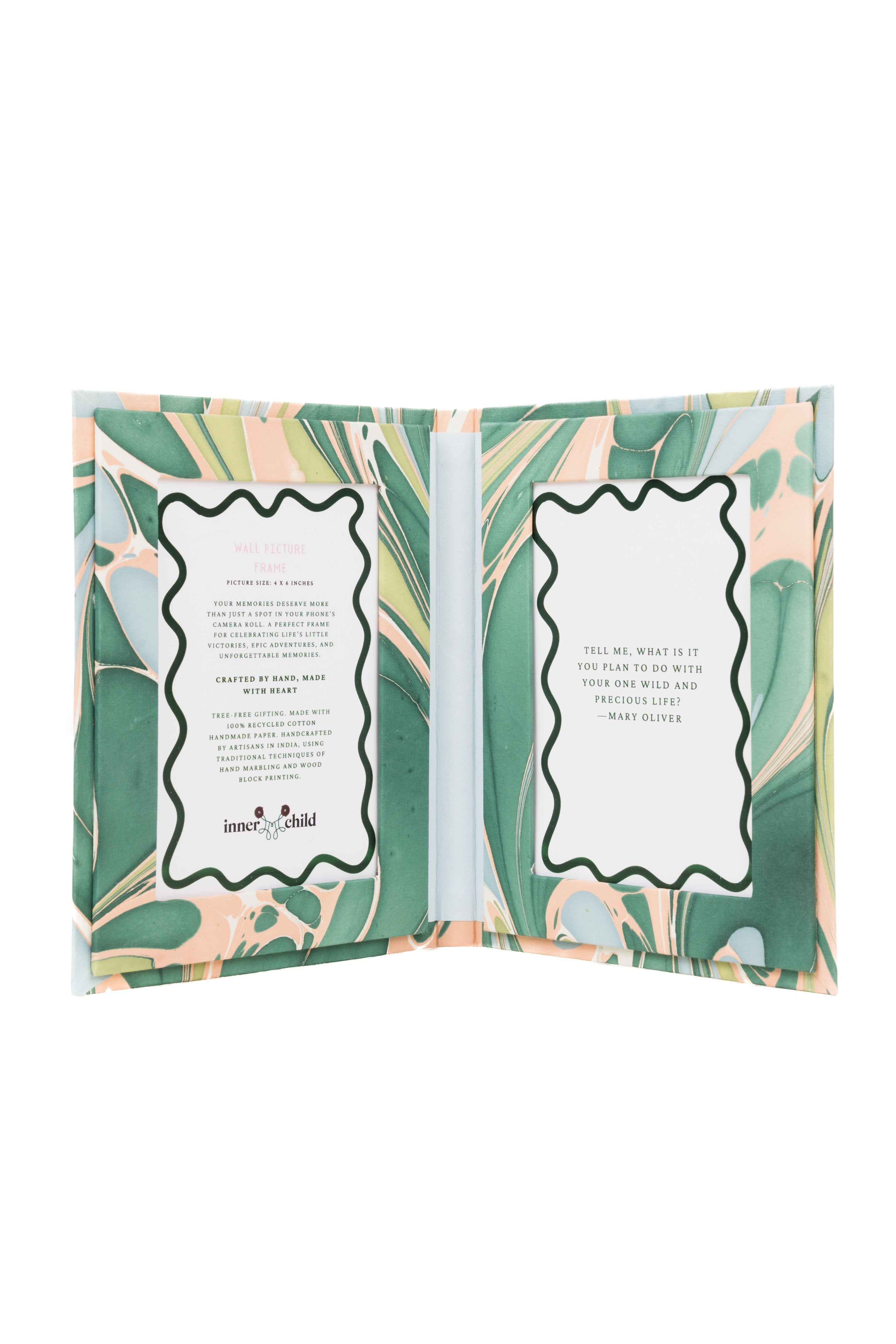 Hand Marbled Picture Frame Folding Book, 4x6 in Green and Pink