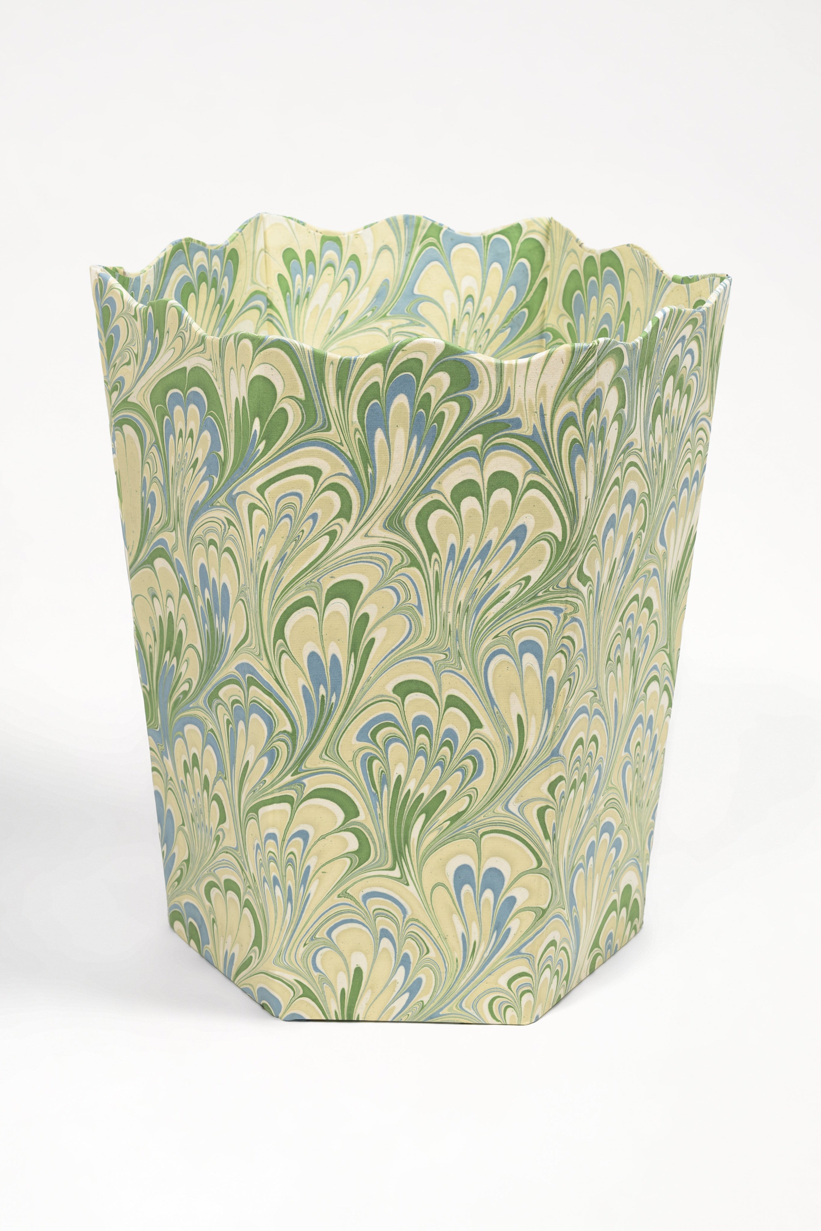 Hand-Marbled Scallop Waste Bin / Storage Bin in Seaglass Peacock