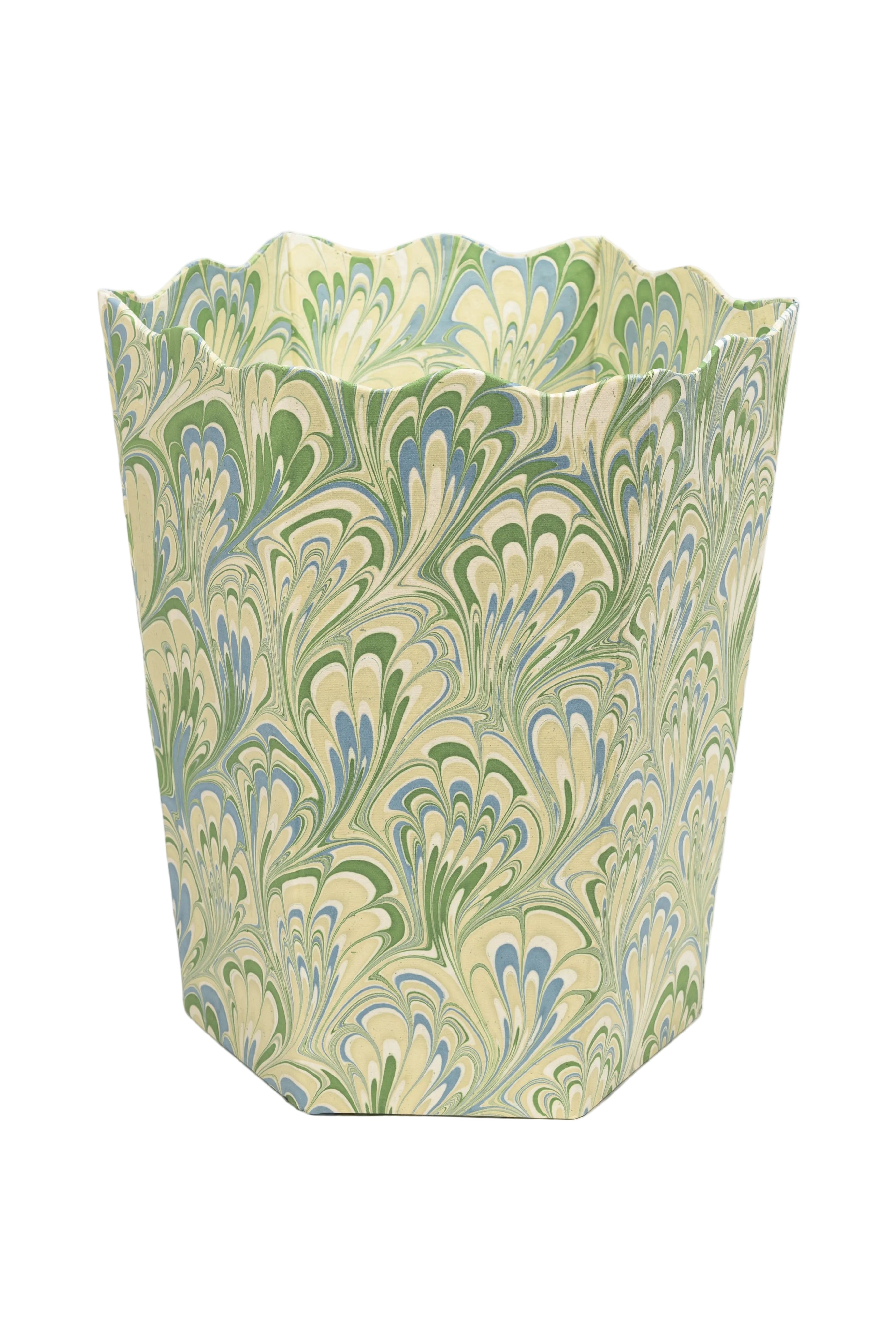 Hand-Marbled Scallop Waste Bin / Storage Bin in Seaglass Peacock