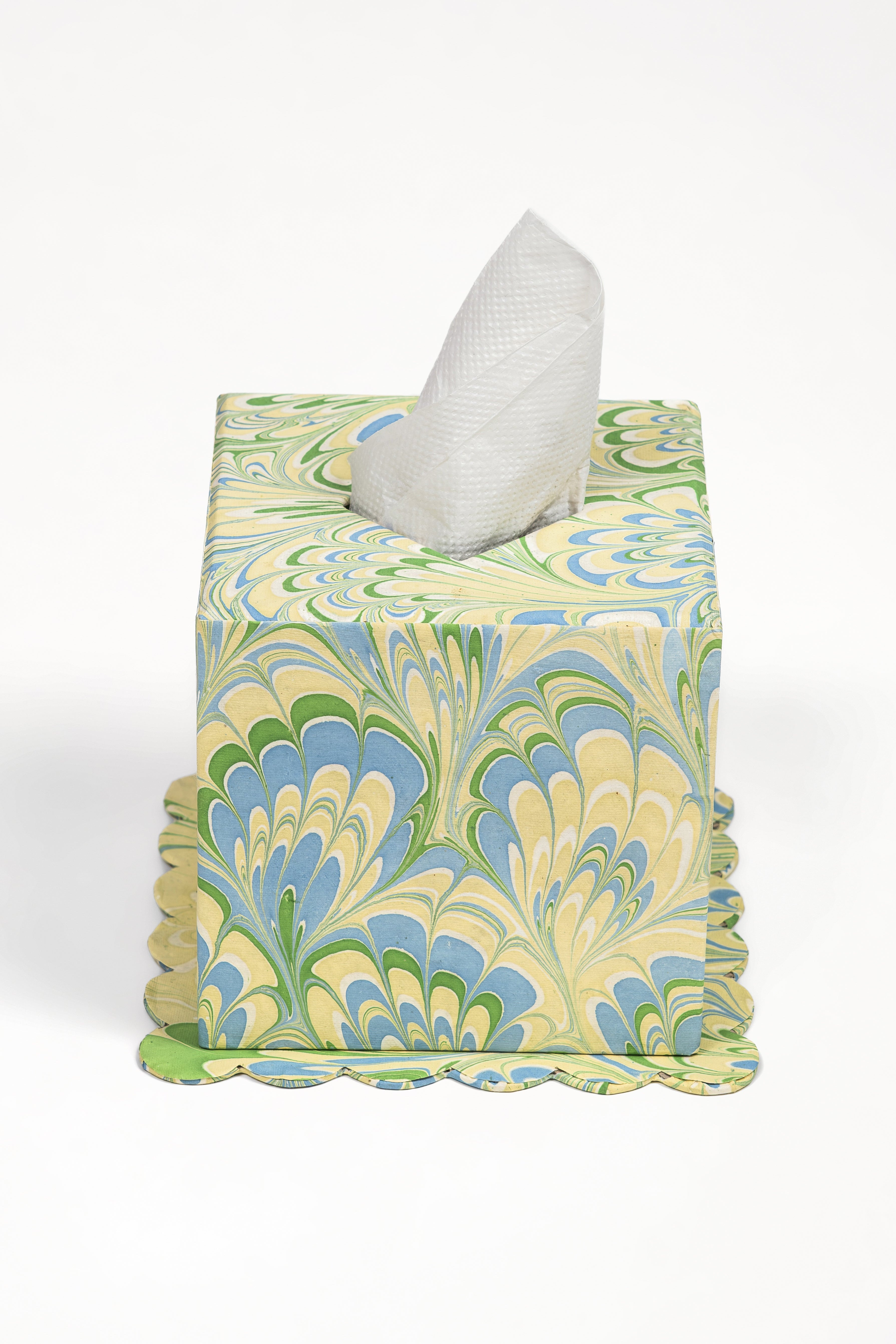 Hand-Marbled Scallop Tissue Box Cover in Seaglass Peacock