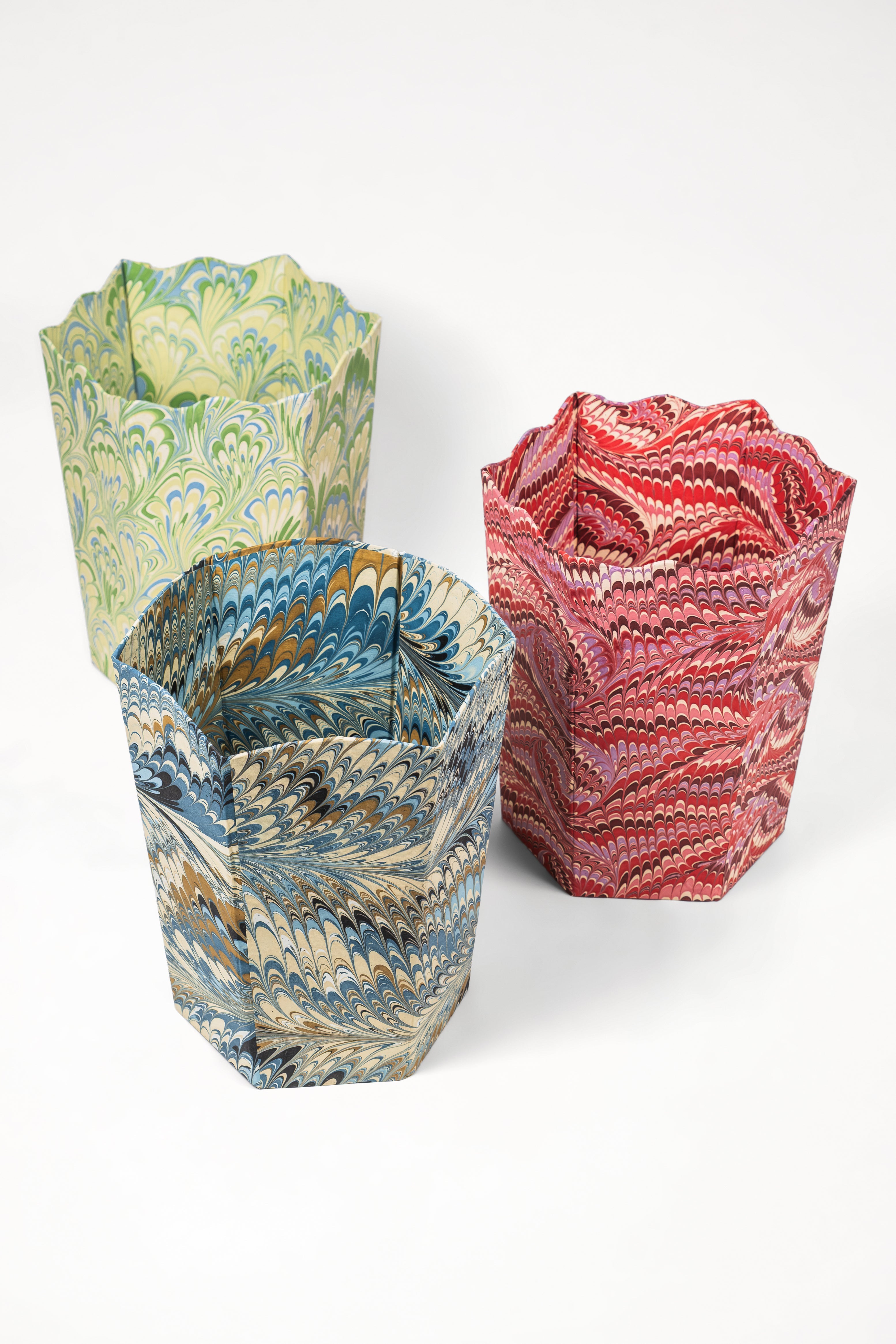 Hand-Marbled Scallop Waste Bin / Storage Bin in Seaglass Peacock