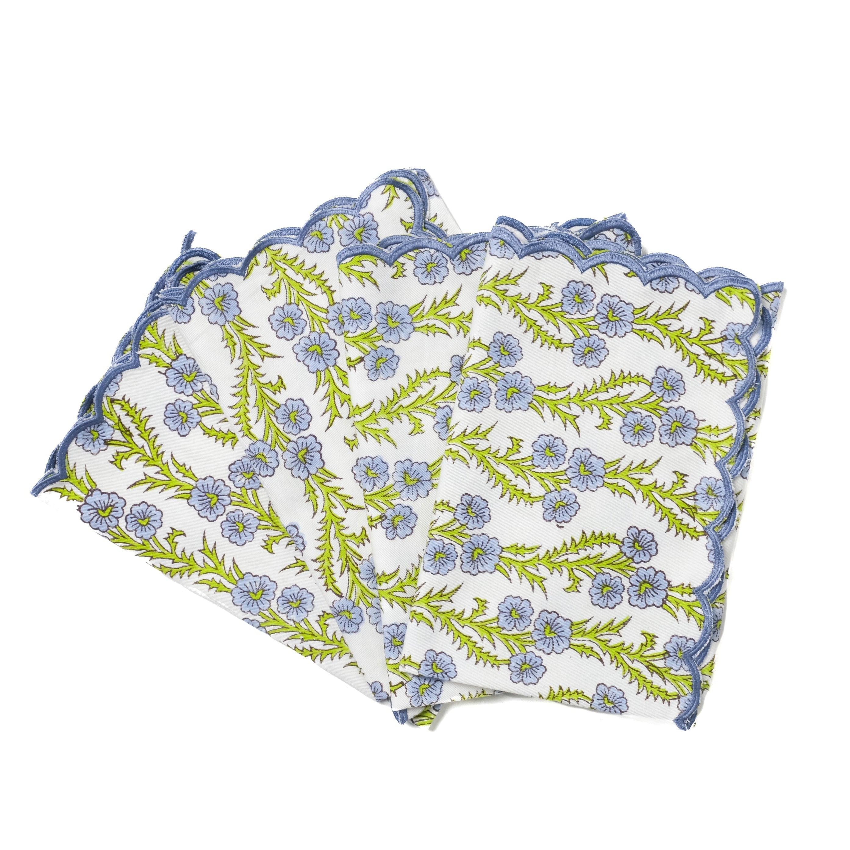 Forget-Me-Not Scallop Embroidered Blockprint Napkins, Set of 4