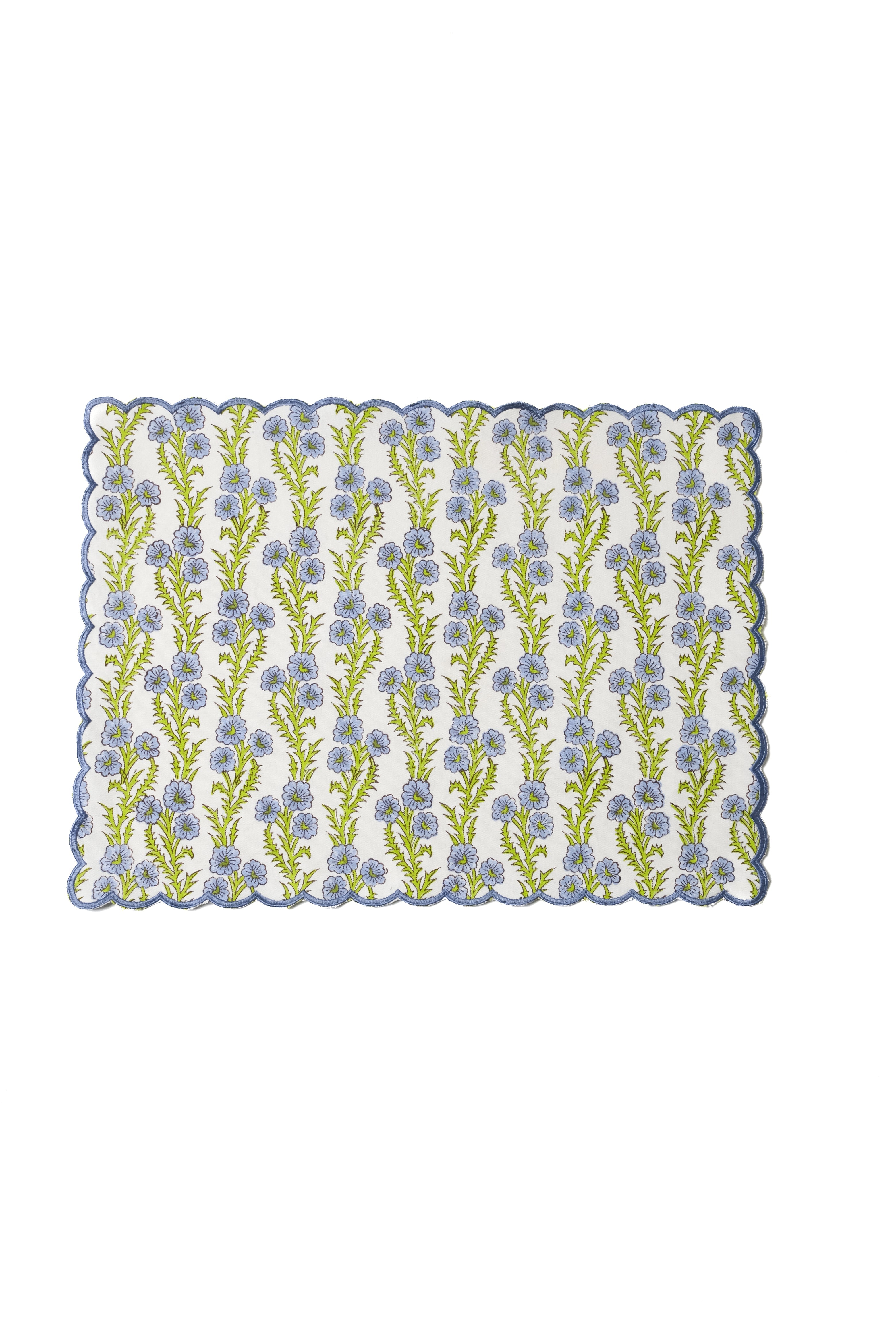 Forget-Me-Not Scallop Embroidered Blockprint Placemat