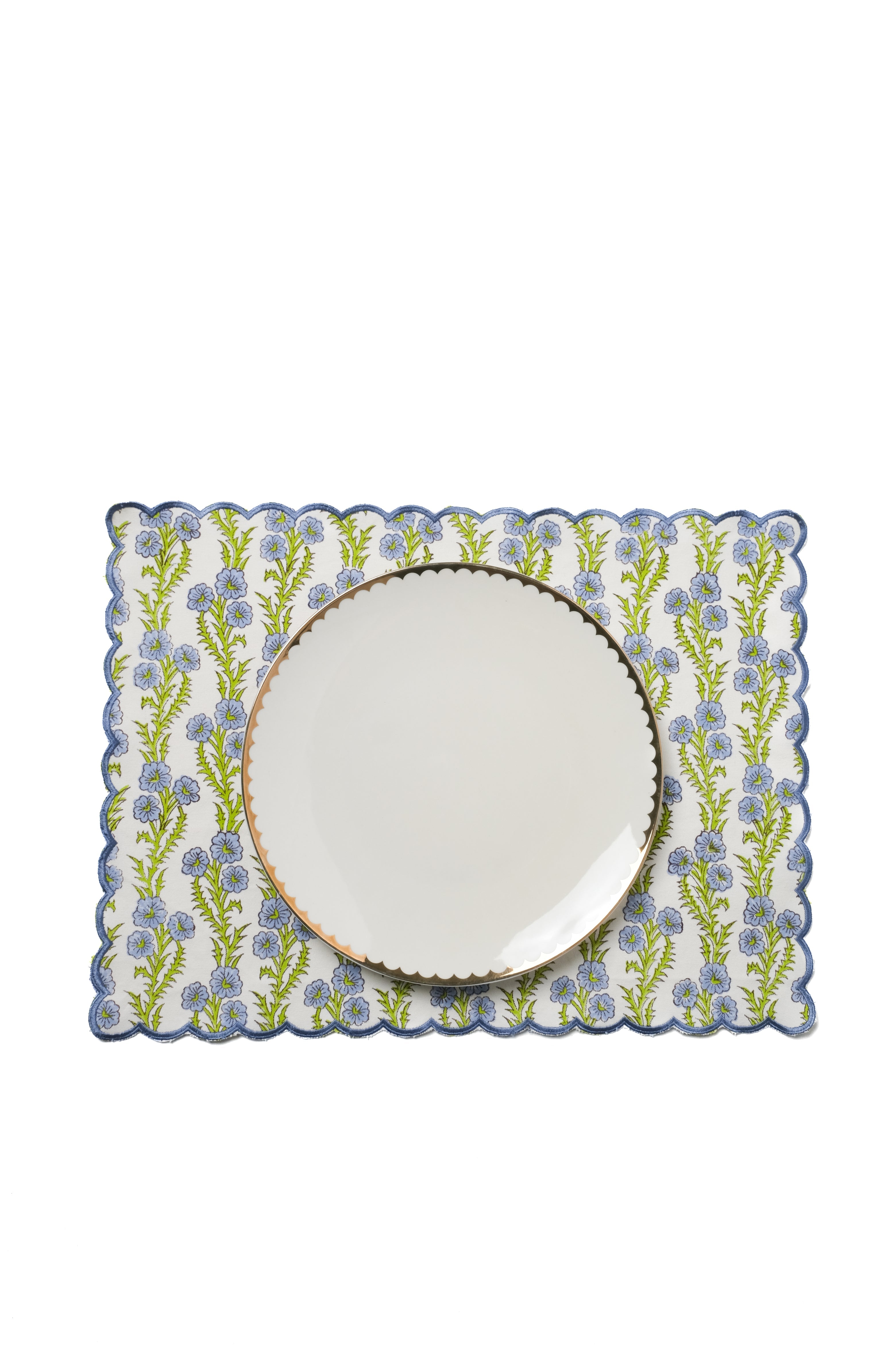 Forget-Me-Not Scallop Embroidered Blockprint Placemat