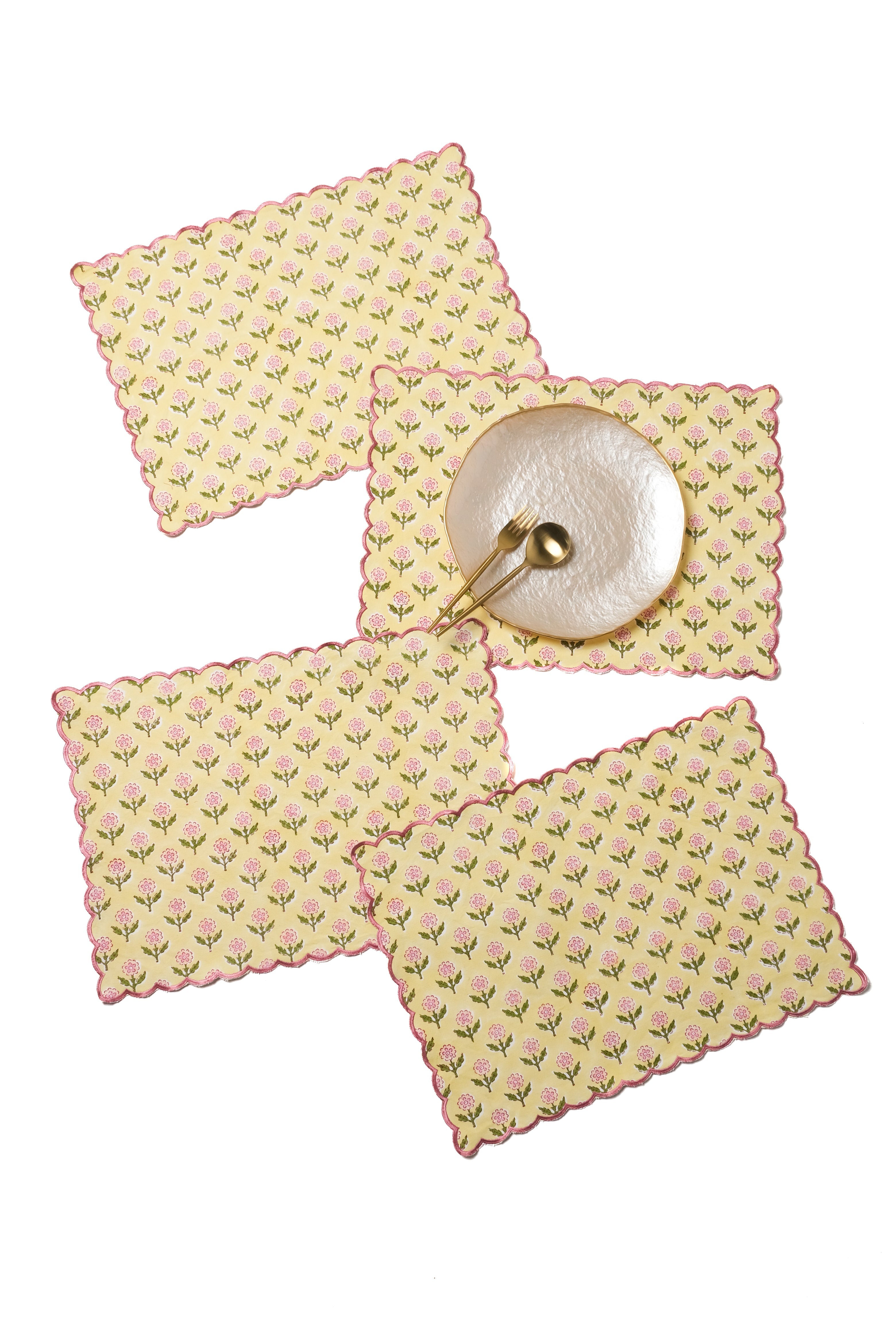Mona Scallop Embroidered Blockprint Placemat in Butter Yellow