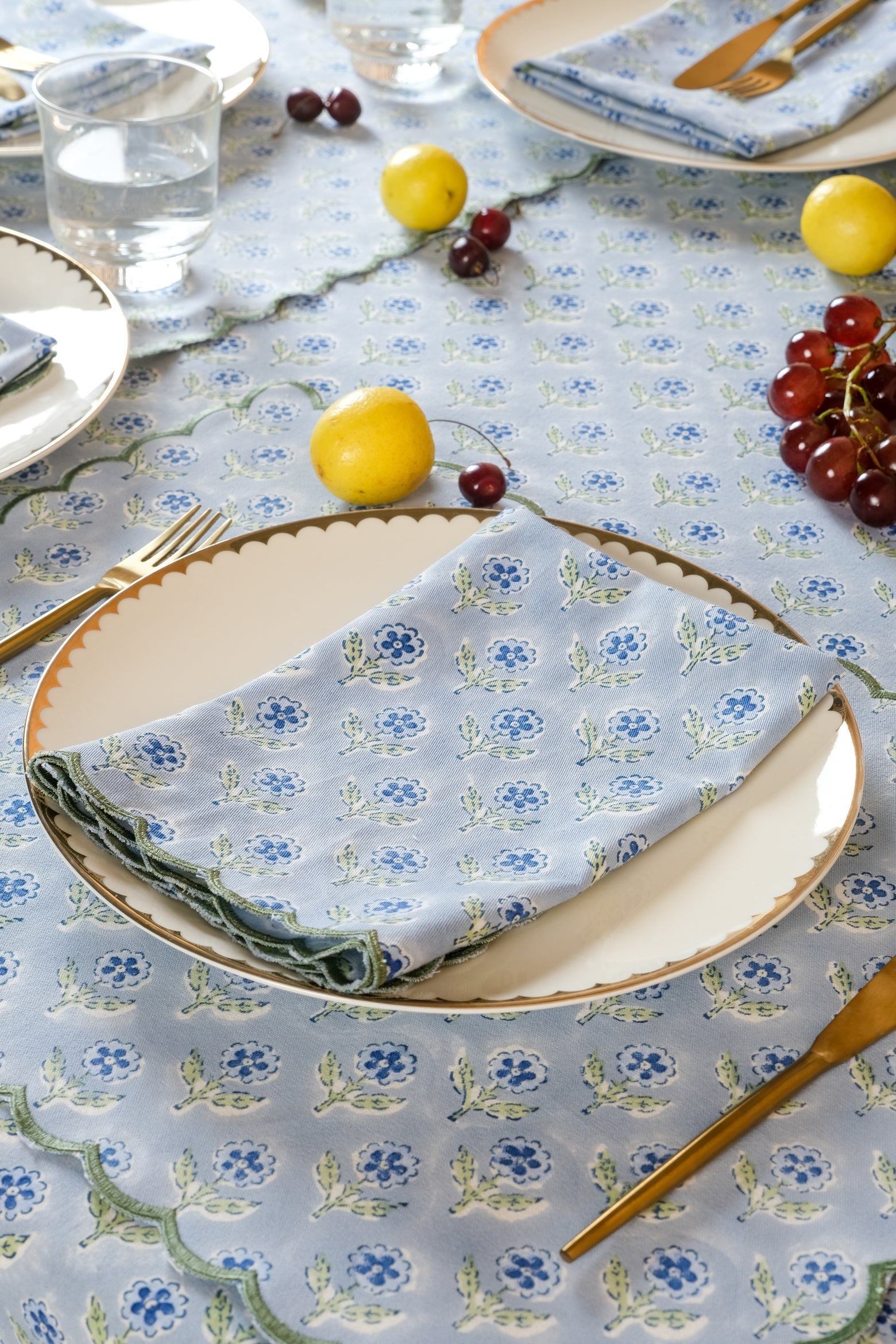 Mona Scallop Embroidered Blockprint Napkins in Blue, Set of 4