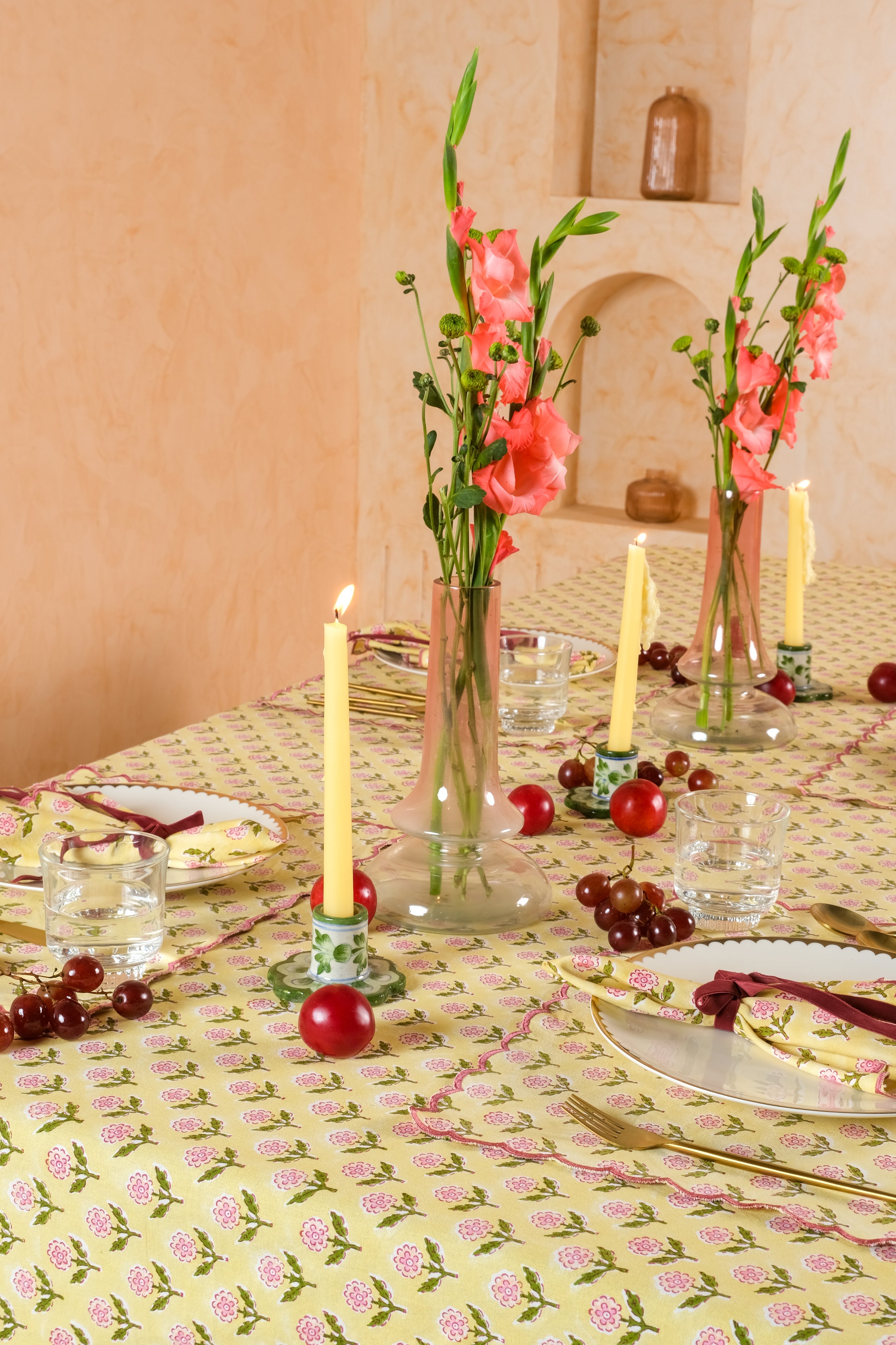 Mona Scallop Embroidered Blockprint Tablecloth in Butter Yellow