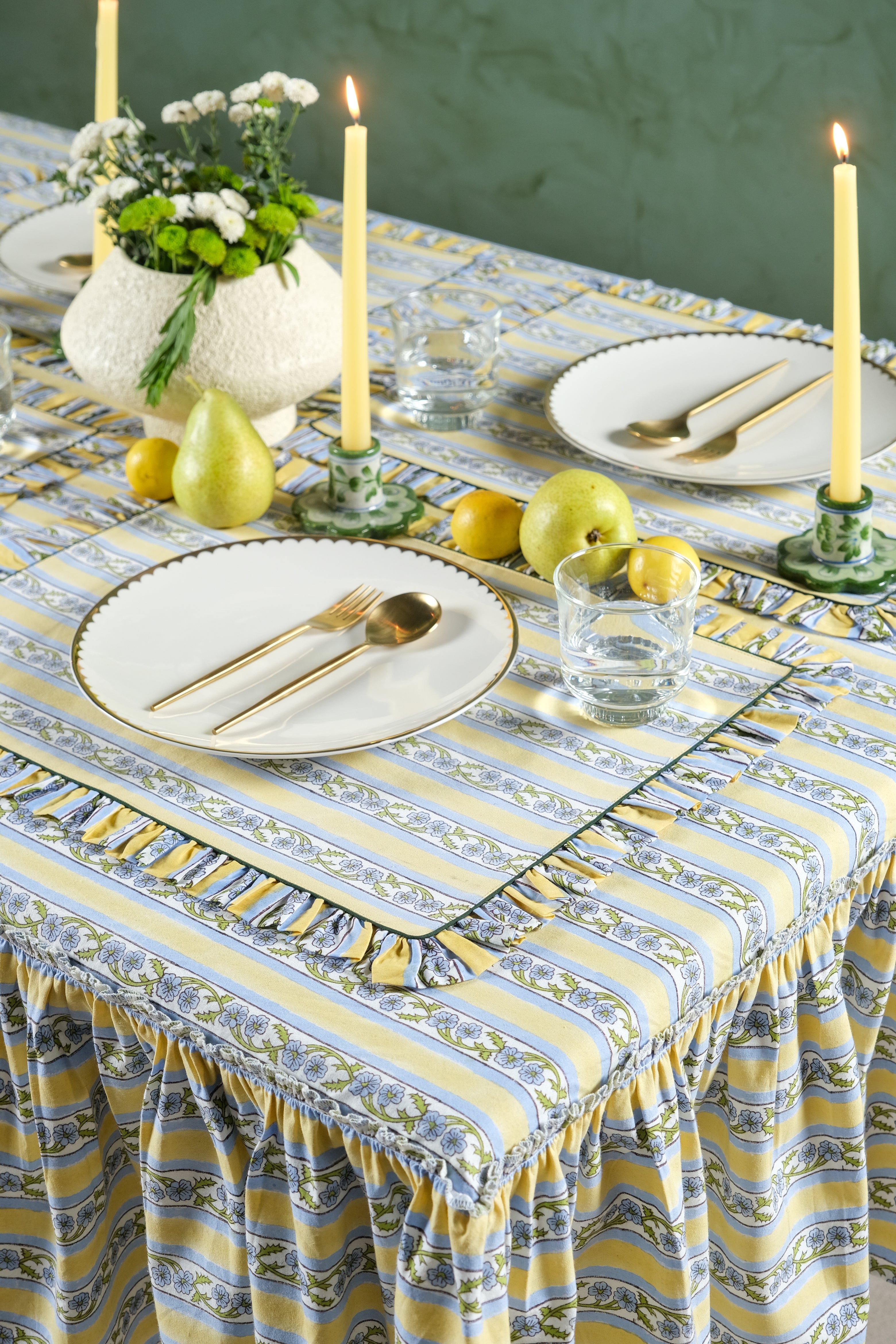 Provence Ruffled Blockprint Tablecloth in Butter Yellow