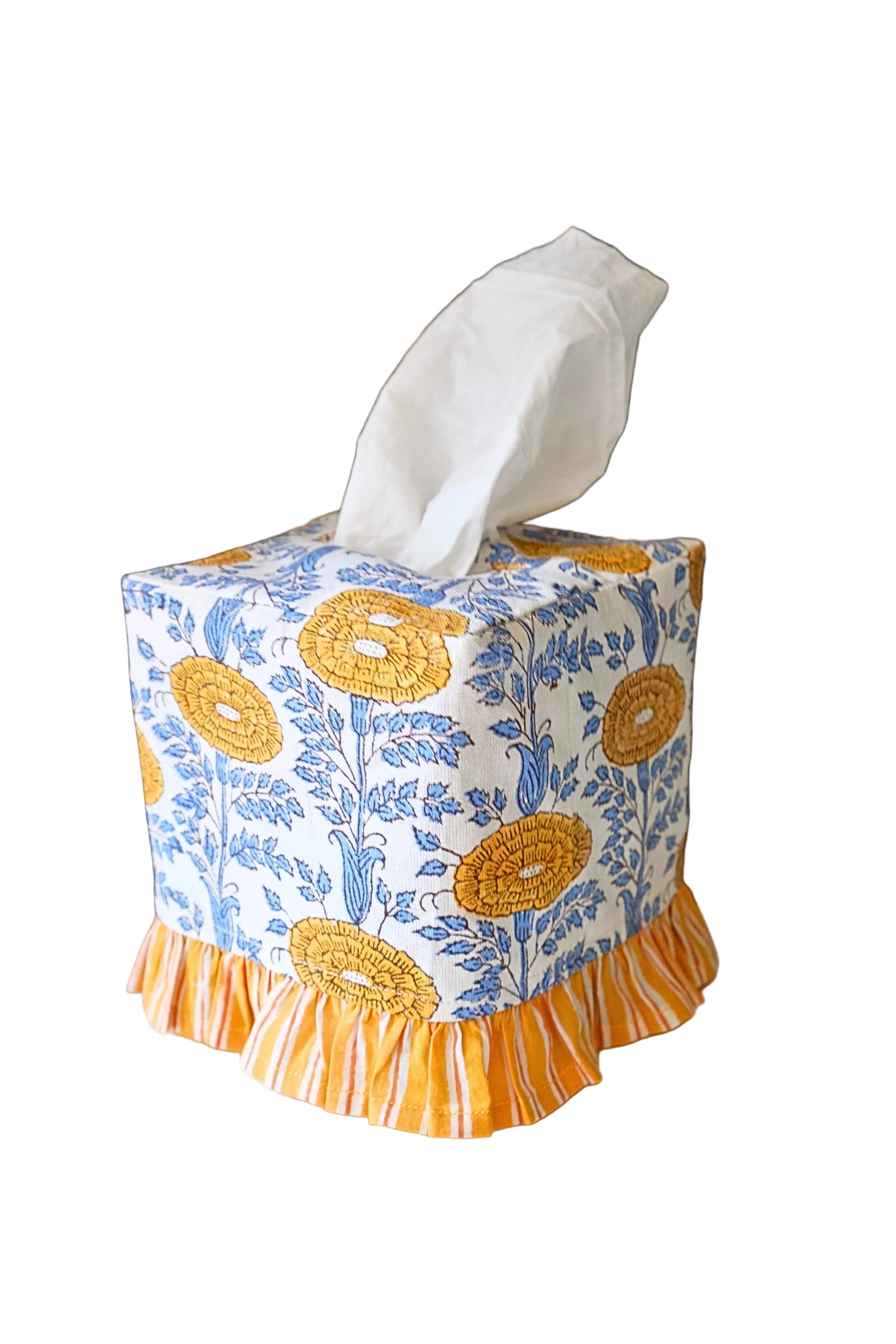 Ruffled Tissue Box Cover in Araminta Yellow Blockprint