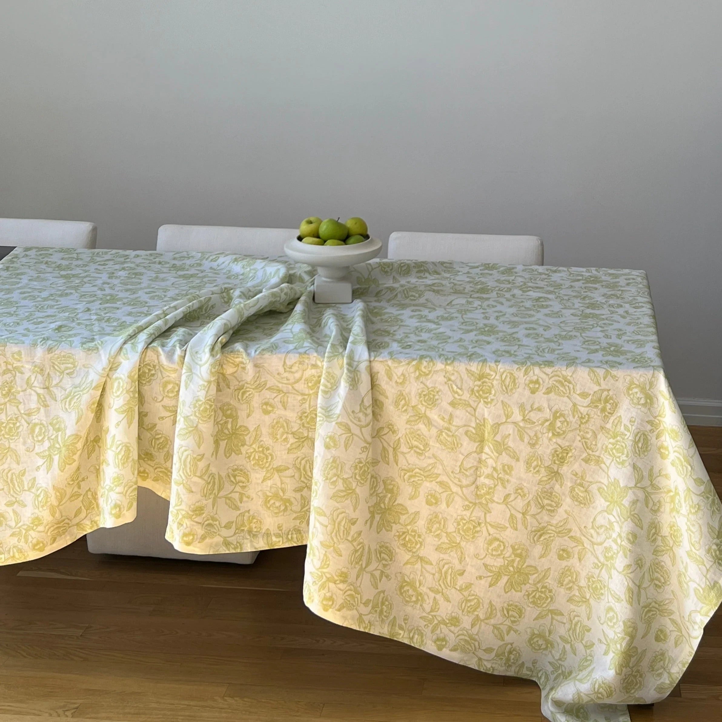 Ivory Flora Parlour Linen Tablecloth in Green and White