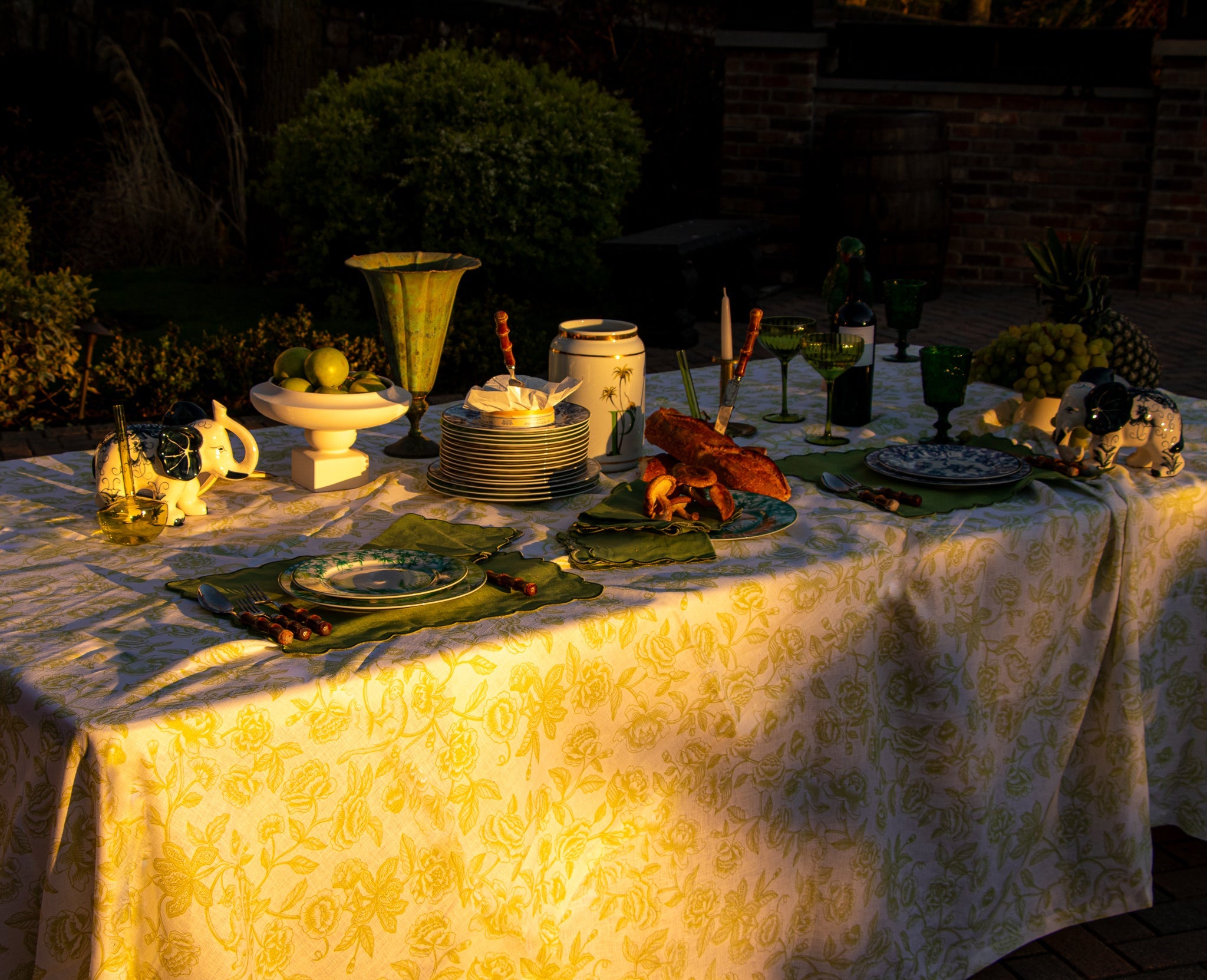 Ivory Flora Parlour Linen Tablecloth in Green and White