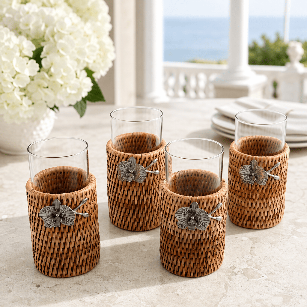 Orchid Drinking Glass Covered with Hand Woven Wicker Rattan - Set of 4