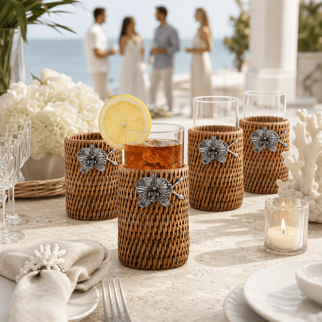 Orchid Drinking Glass Covered with Hand Woven Wicker Rattan - Set of 4
