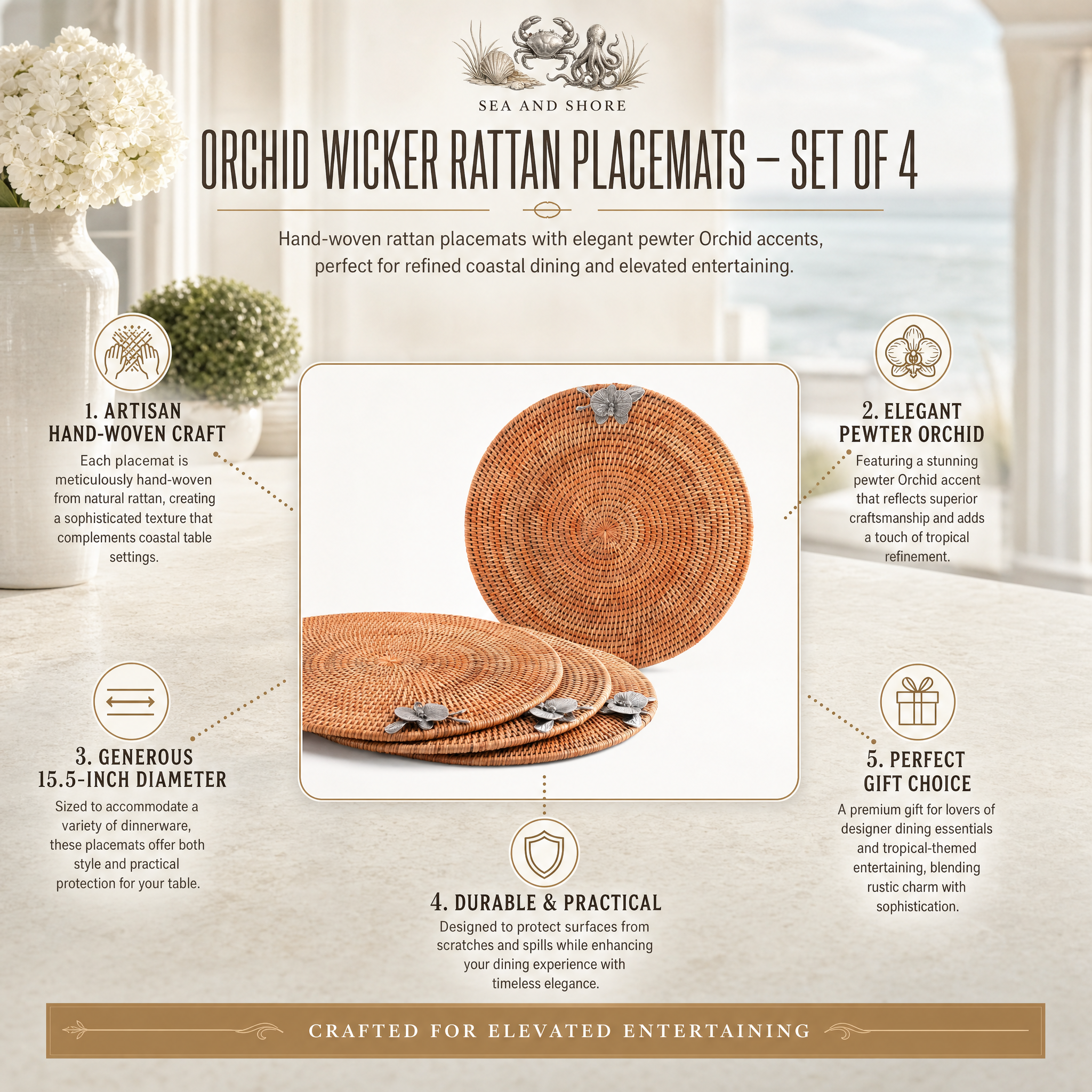 Orchid Placemat Hand Woven Wicker Rattan Round - Set of 4