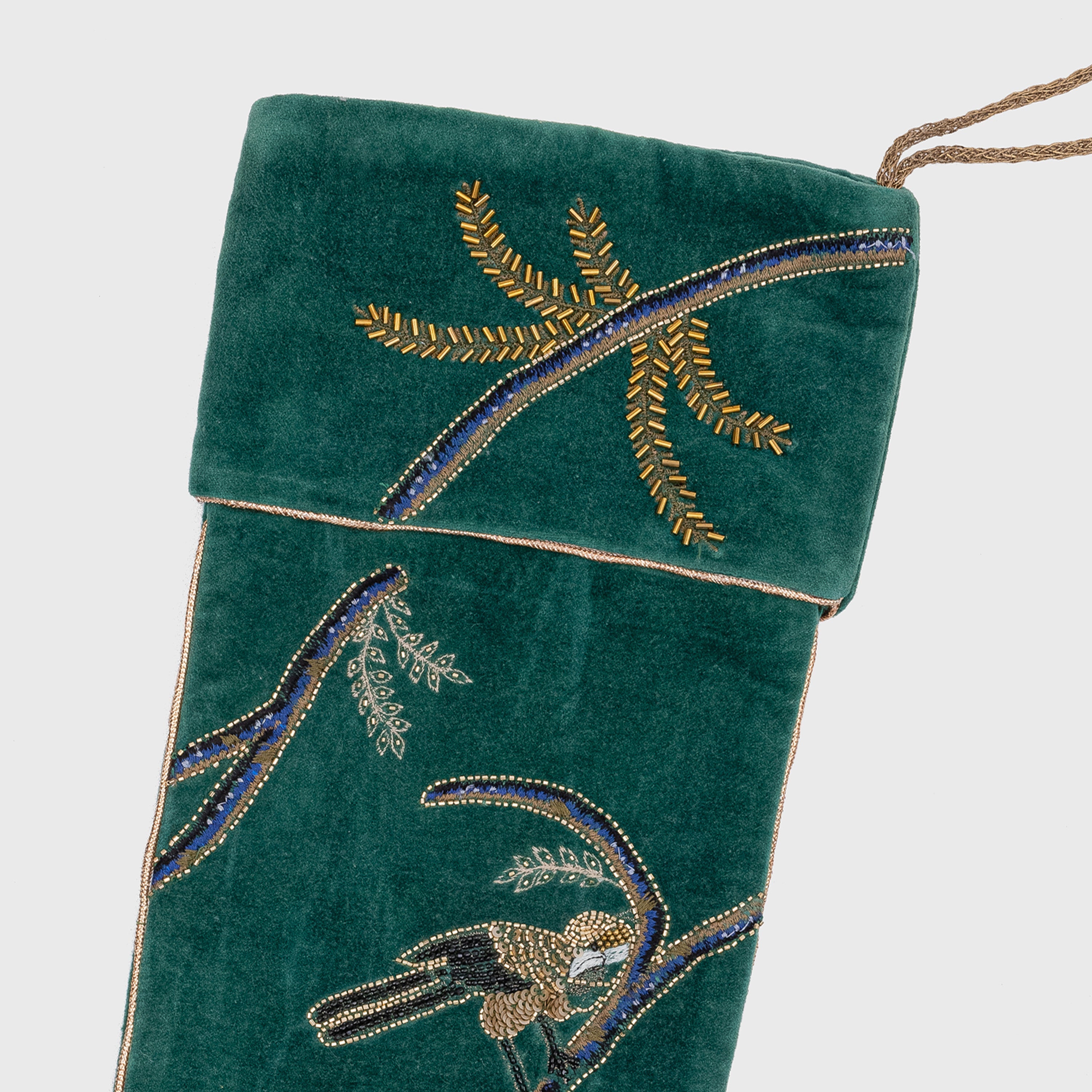 Bird Theme Embroidered Green Velvet Stocking