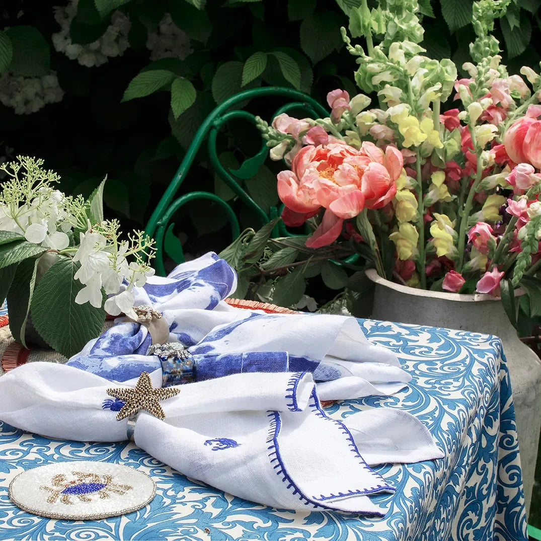 Damask print tablecloth, blue - The Mayfair Hall