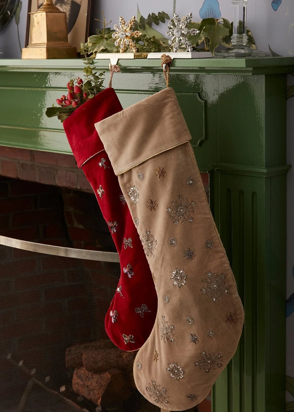 Extra Large Taupe Snowflake Velvet Stocking