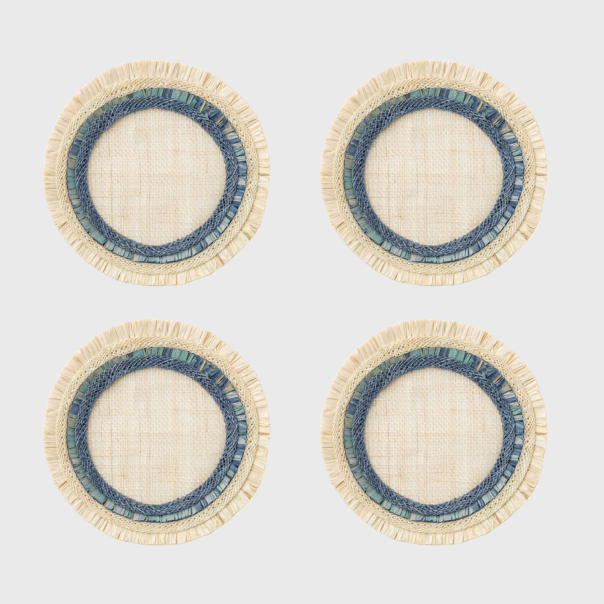 Ruffle edge straw coasters, indigo