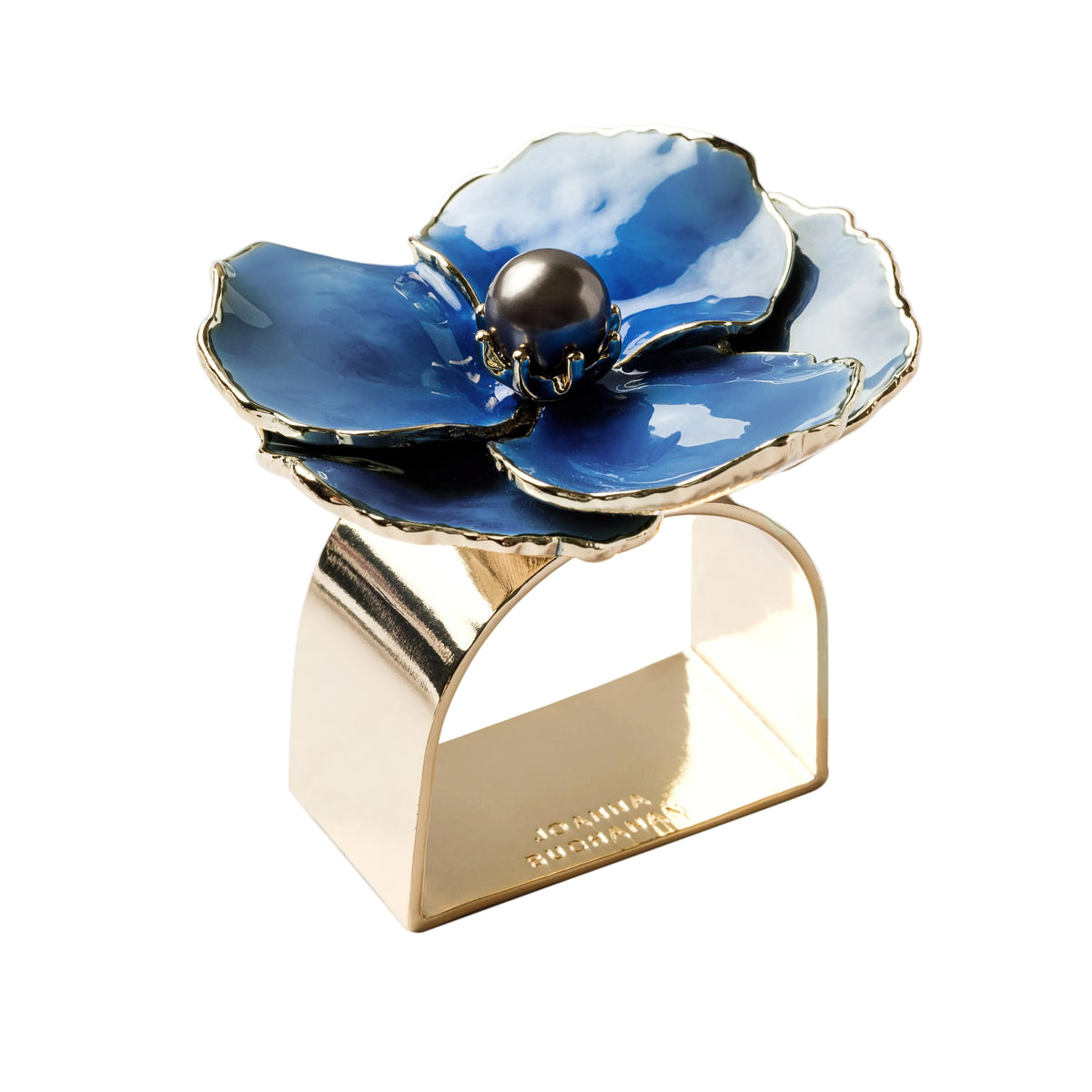 Enamel Flower Napkin Rings in Blue — side view of the blue flower ring on its gold-tone band.