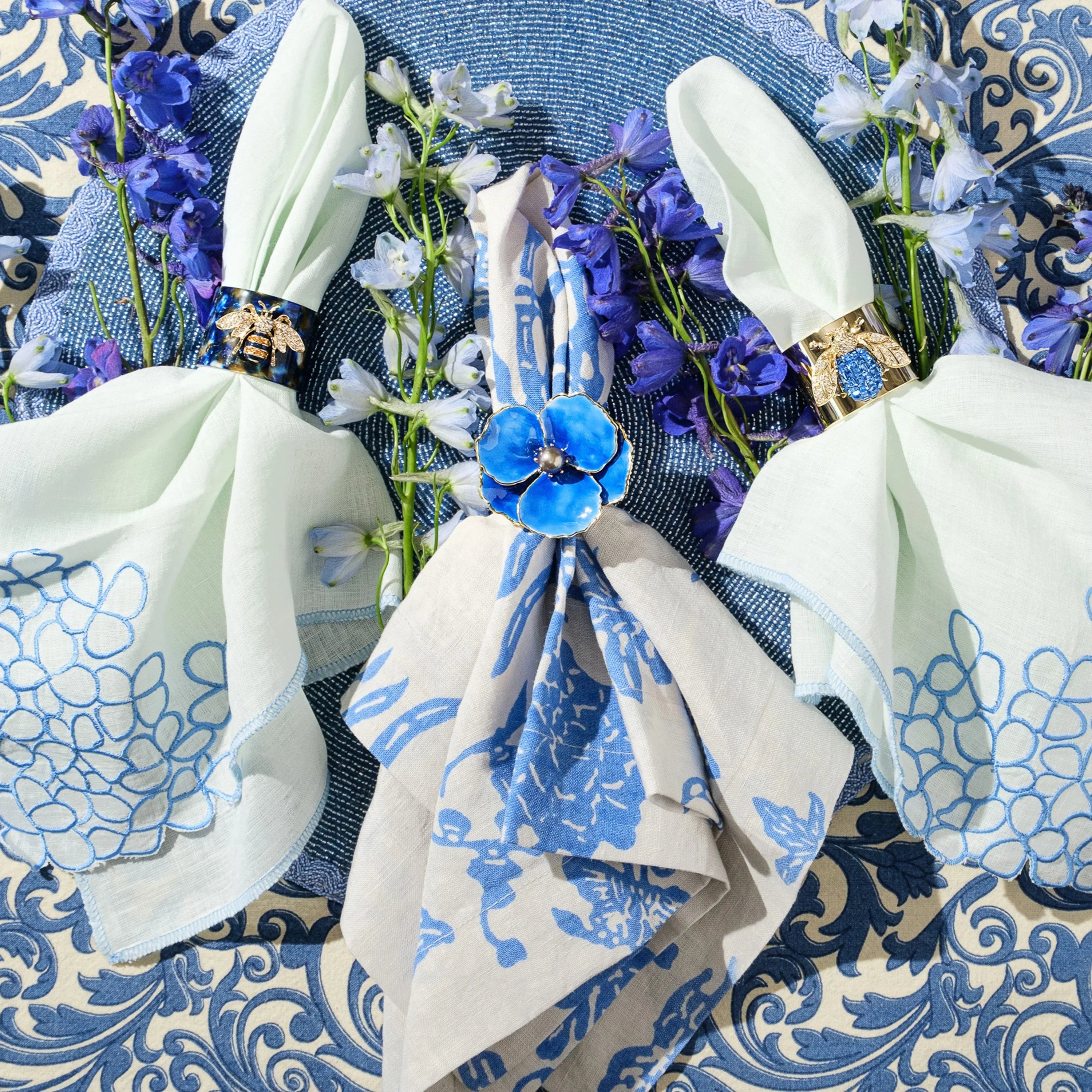 Enamel flower napkin rings, blue, set of four - The Mayfair Hall